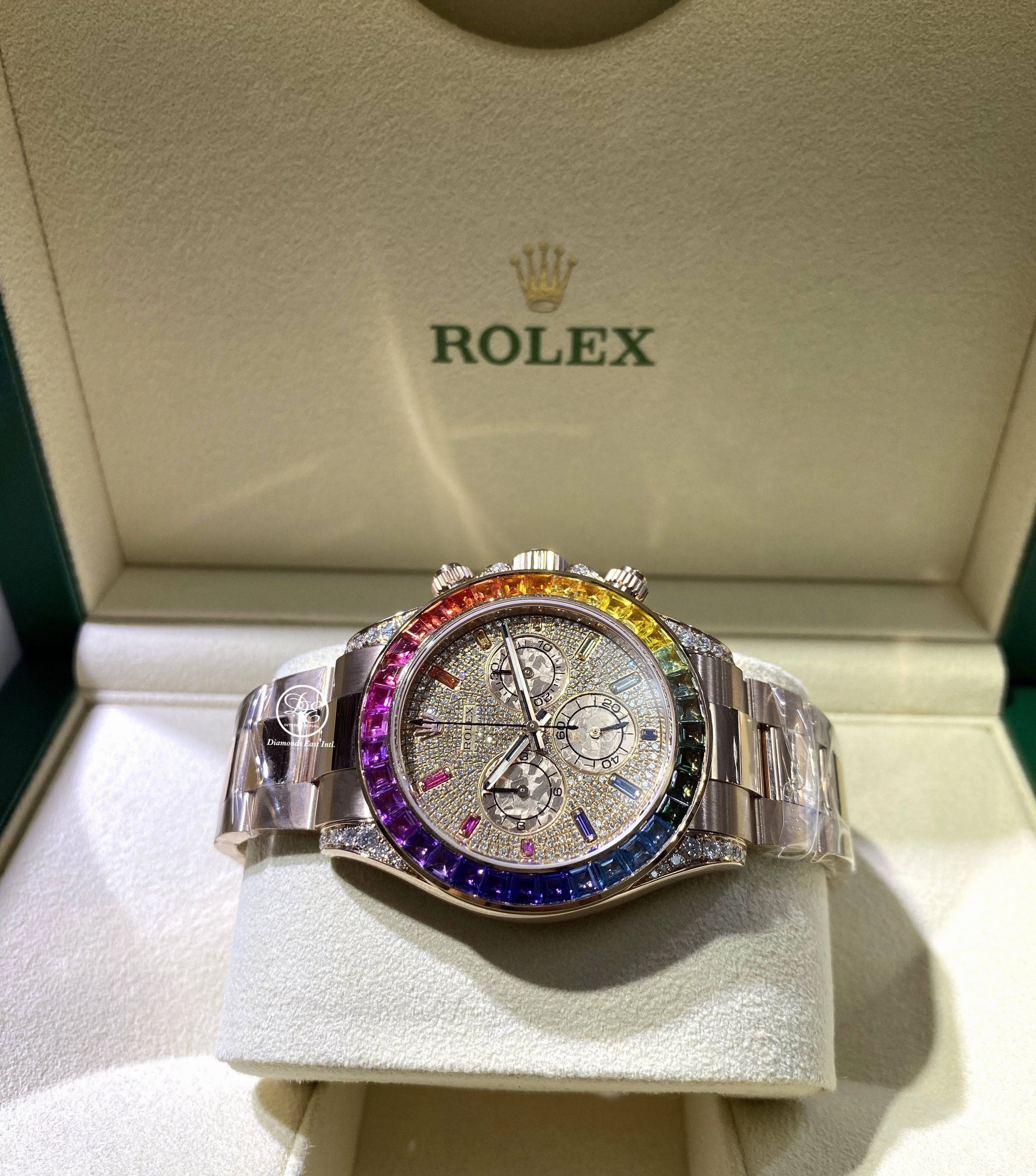 Rolex Daytona 116505 Custom Rainbow Diamonds and Sapphires 18K Rose Gold Watch MINT