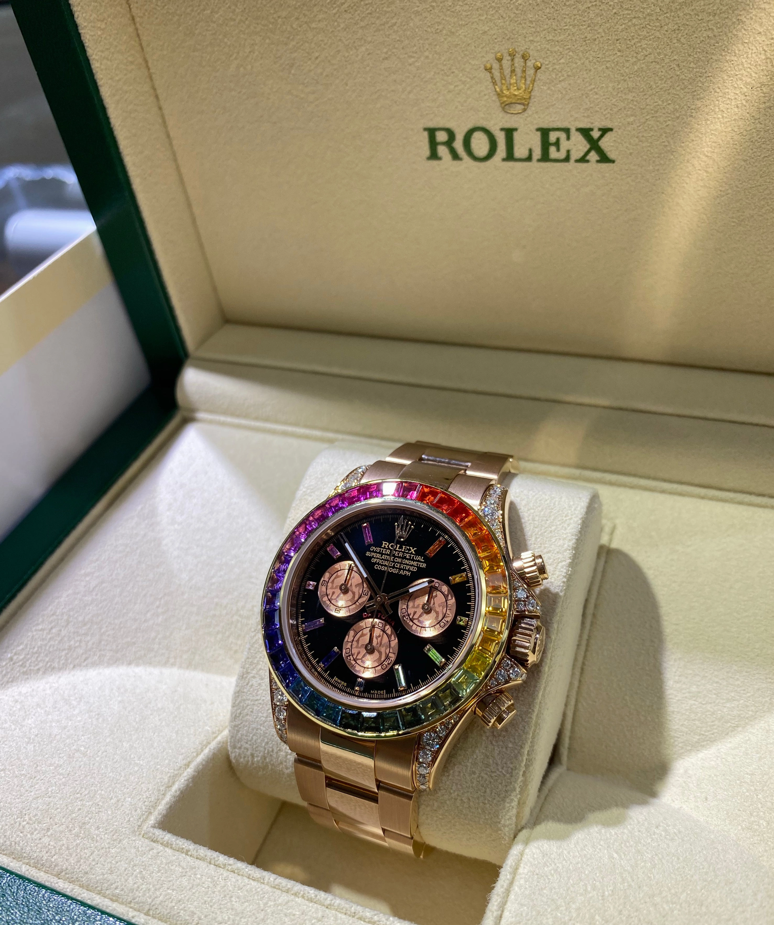 Rolex Daytona 116505 Custom Rainbow Diamonds and Sapphires BOX/PAPERS