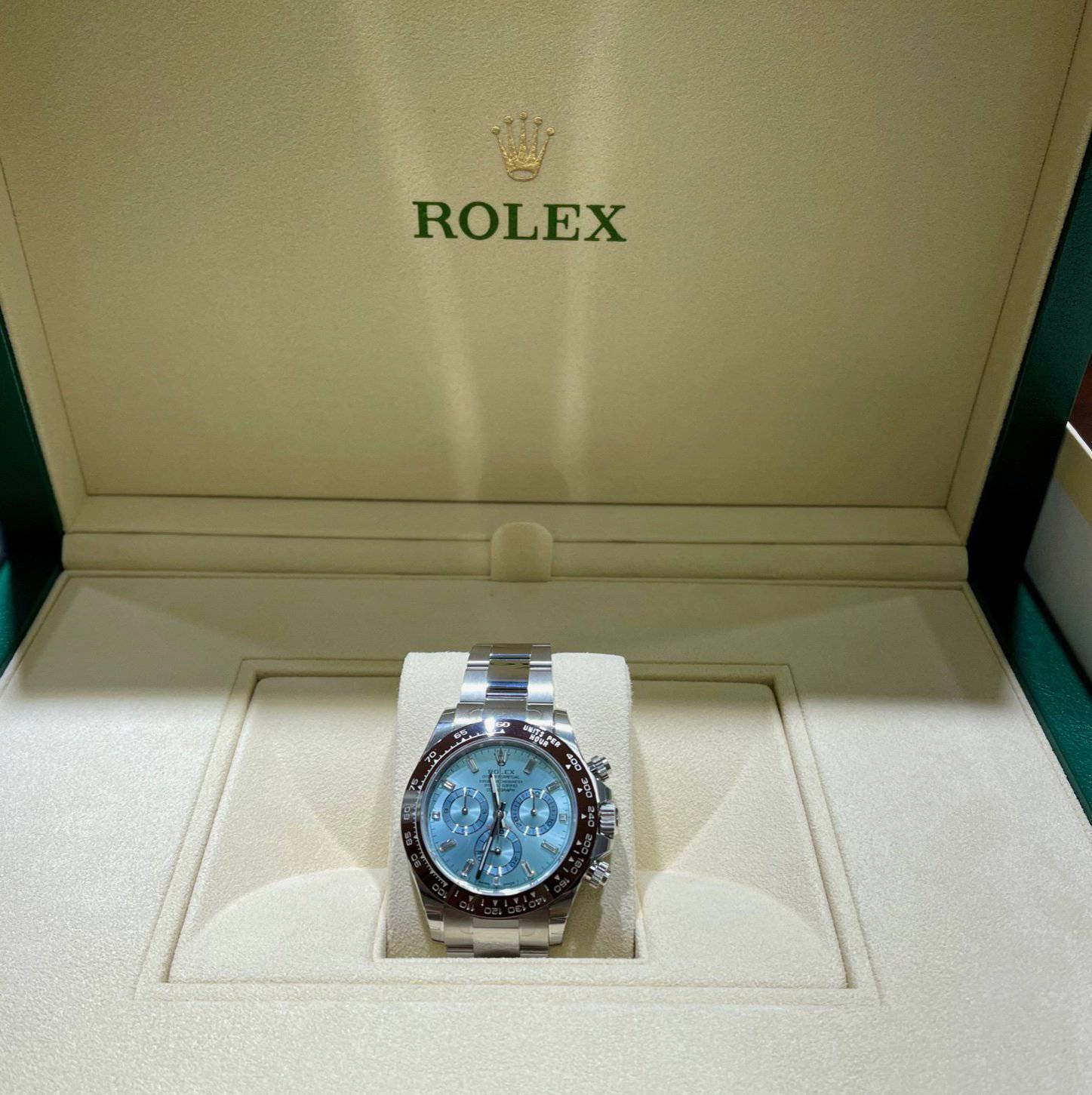 Rolex Daytona 116506 Platinum Oyster Perpetual Cosmograph ICE Blue Baguettes Dial Unworn