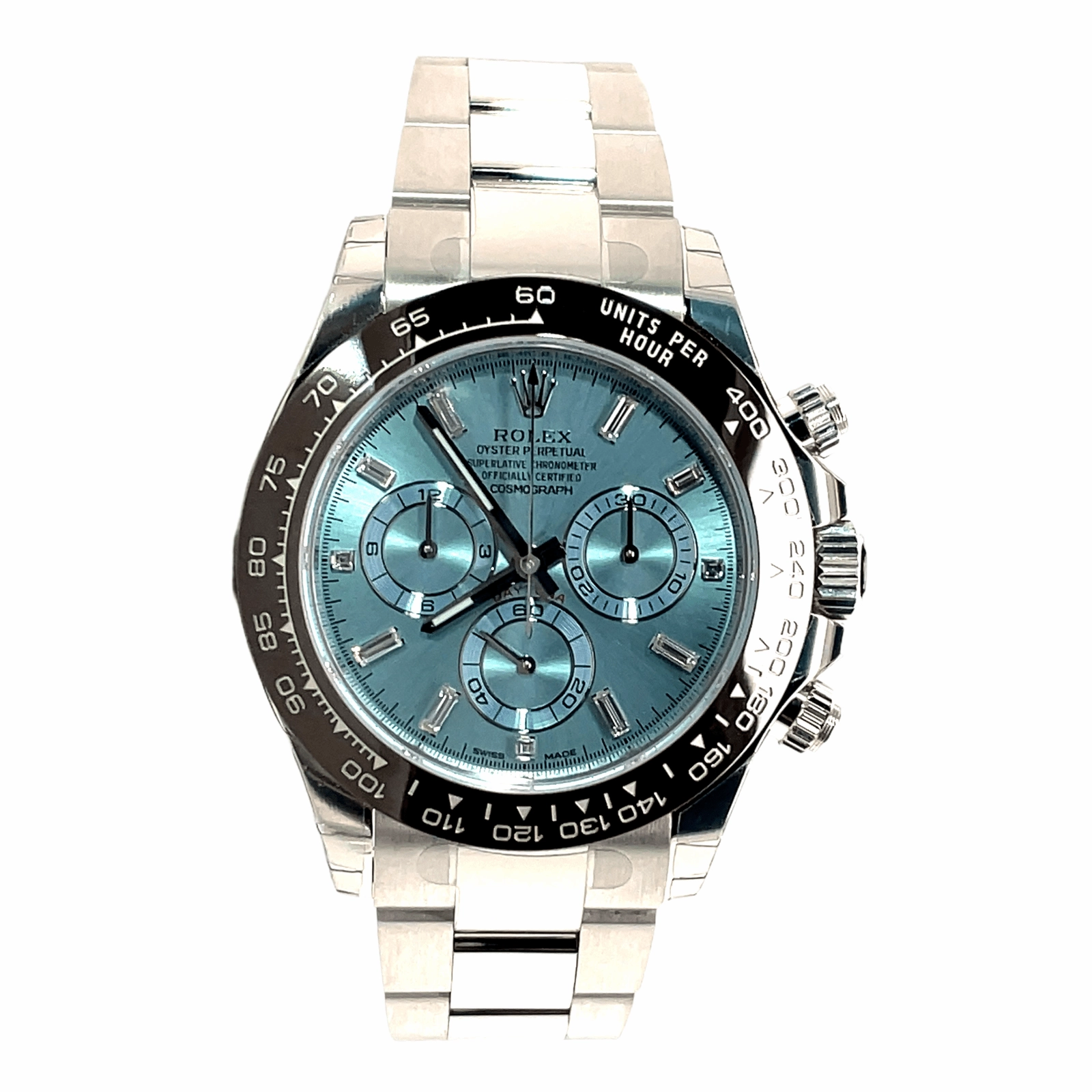 Rolex Daytona 116506 Platinum Oyster Perpetual Cosmograph ICE Blue Baguettes Dial Unworn
