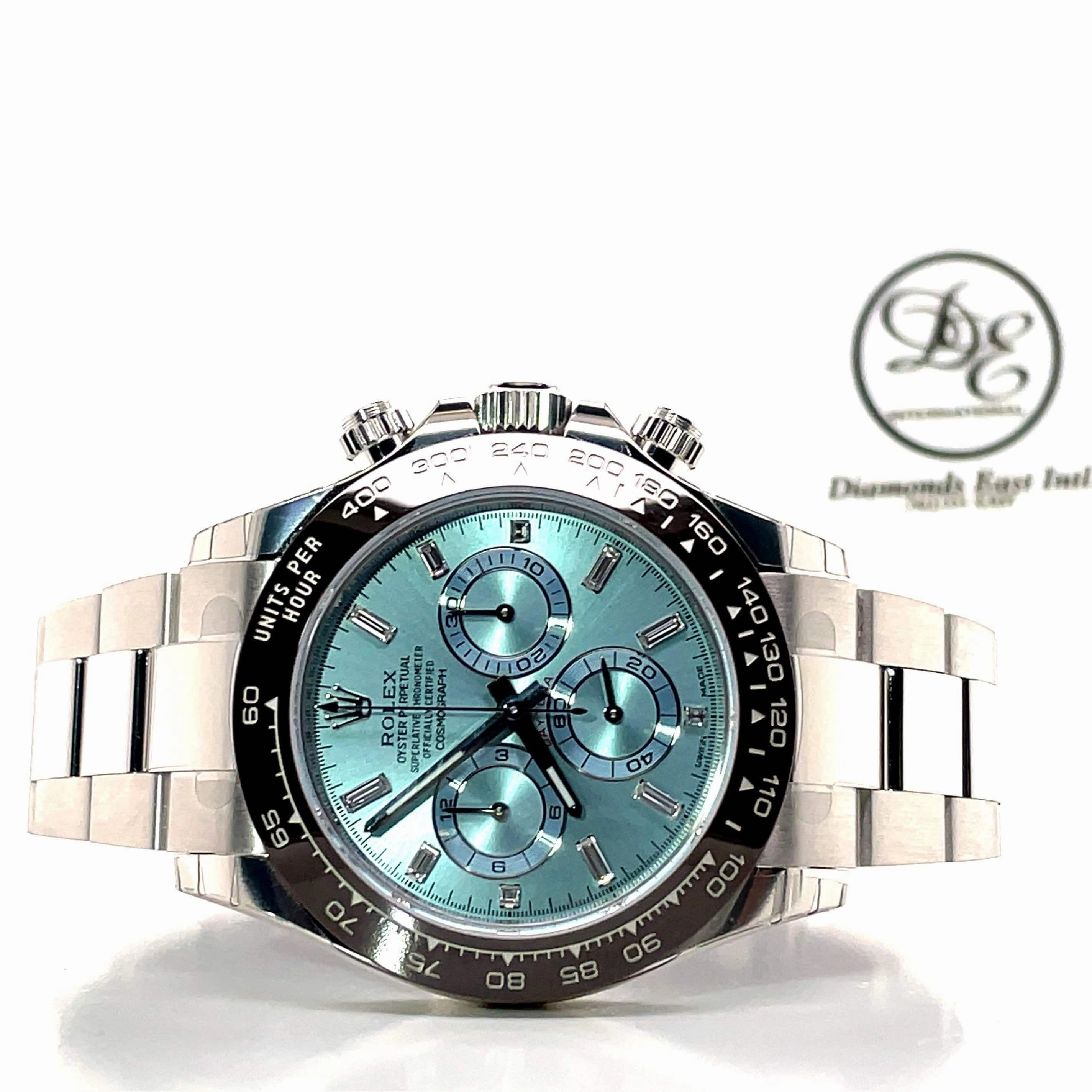 Rolex Daytona 116506 Platinum Oyster Perpetual Cosmograph ICE Blue Baguettes Dial Unworn