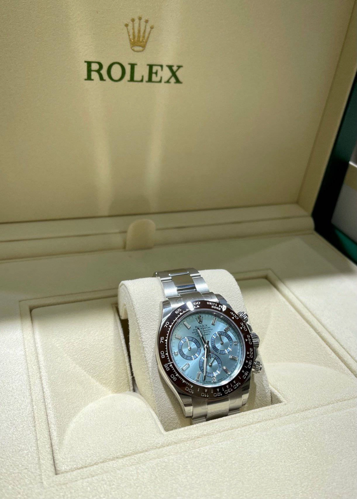 Rolex Daytona 116506 Platinum Oyster Perpetual Cosmograph ICE Blue Baguettes Dial Unworn