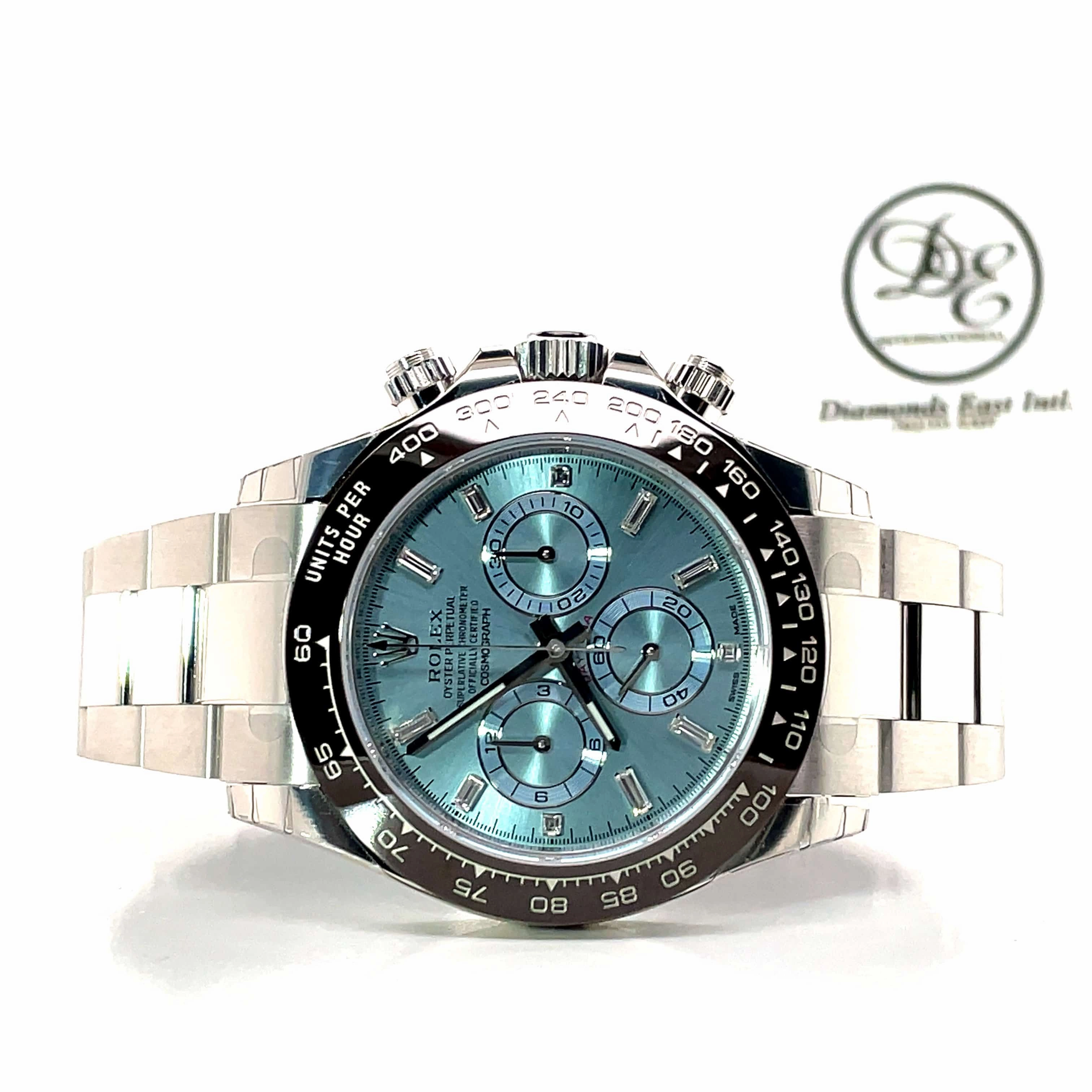 Rolex Daytona 116506 Platinum Oyster Perpetual Cosmograph ICE Blue Baguettes Dial Unworn