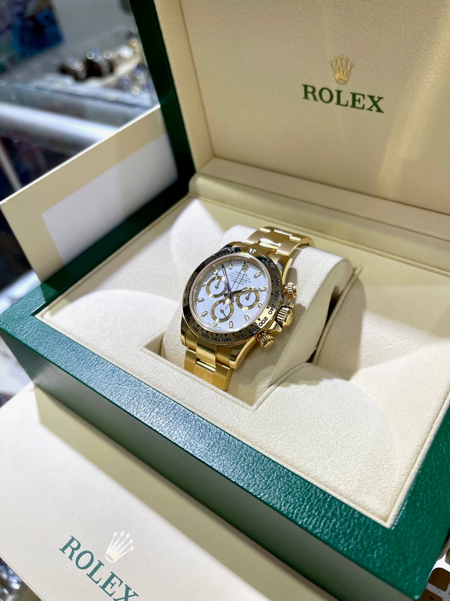 Rolex Daytona 116508 18K Yellow Gold White Dial Oyster Perpetual Cosmograph Box and Papers PreOwned