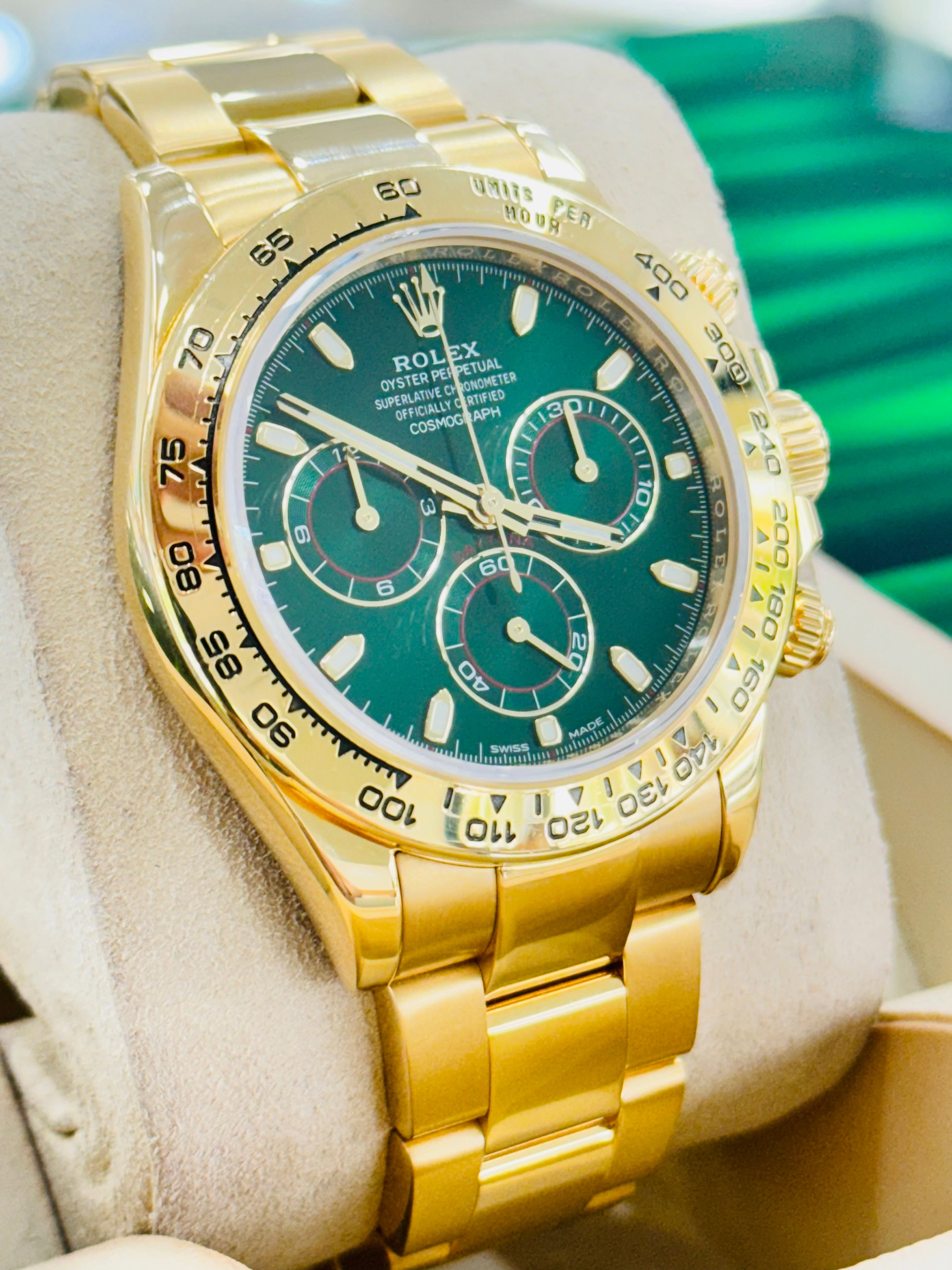 Rolex Daytona 116508 Known as the John mayer Cosmograph 40mm Yellow Gold Green Index Dial  Box and Papers PreOwned