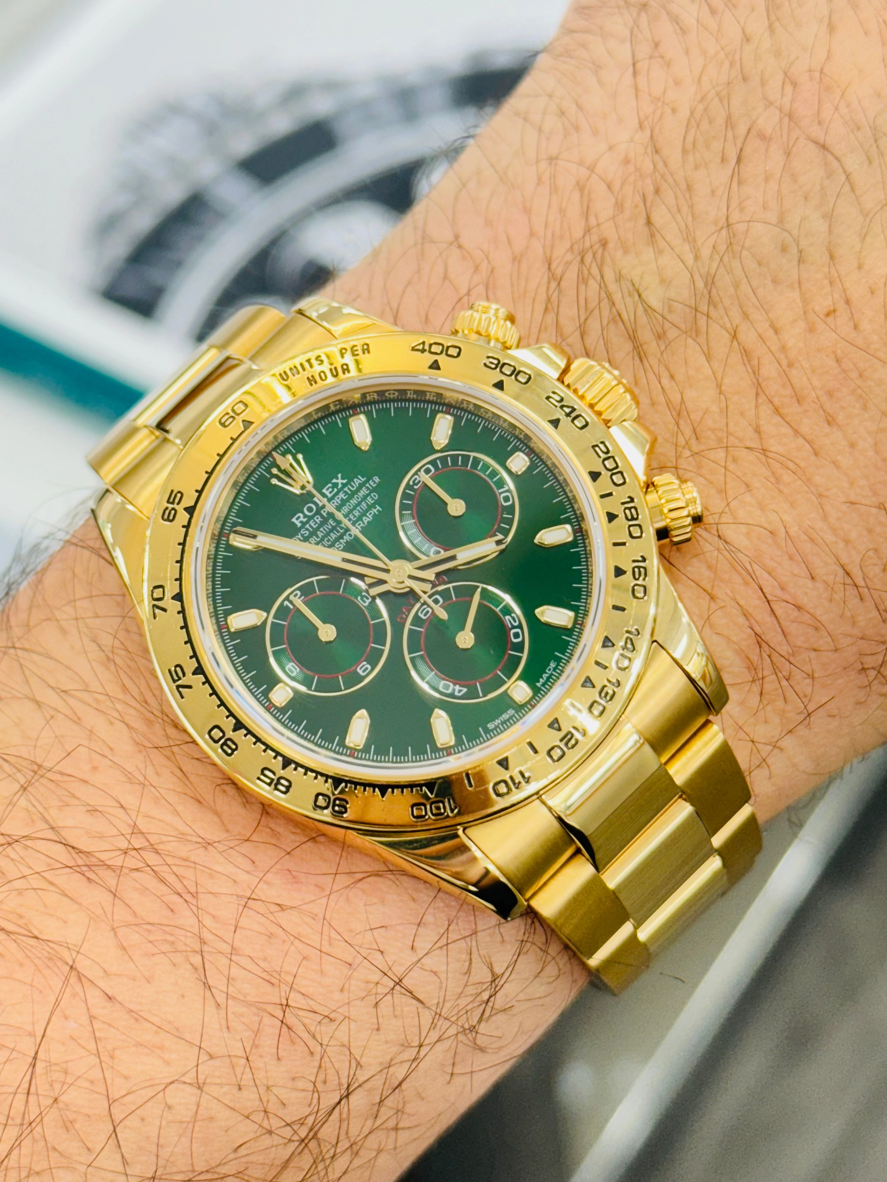 Rolex Daytona 116508 Known as the John mayer Cosmograph 40mm Yellow Gold Green Index Dial  Box and Papers PreOwned