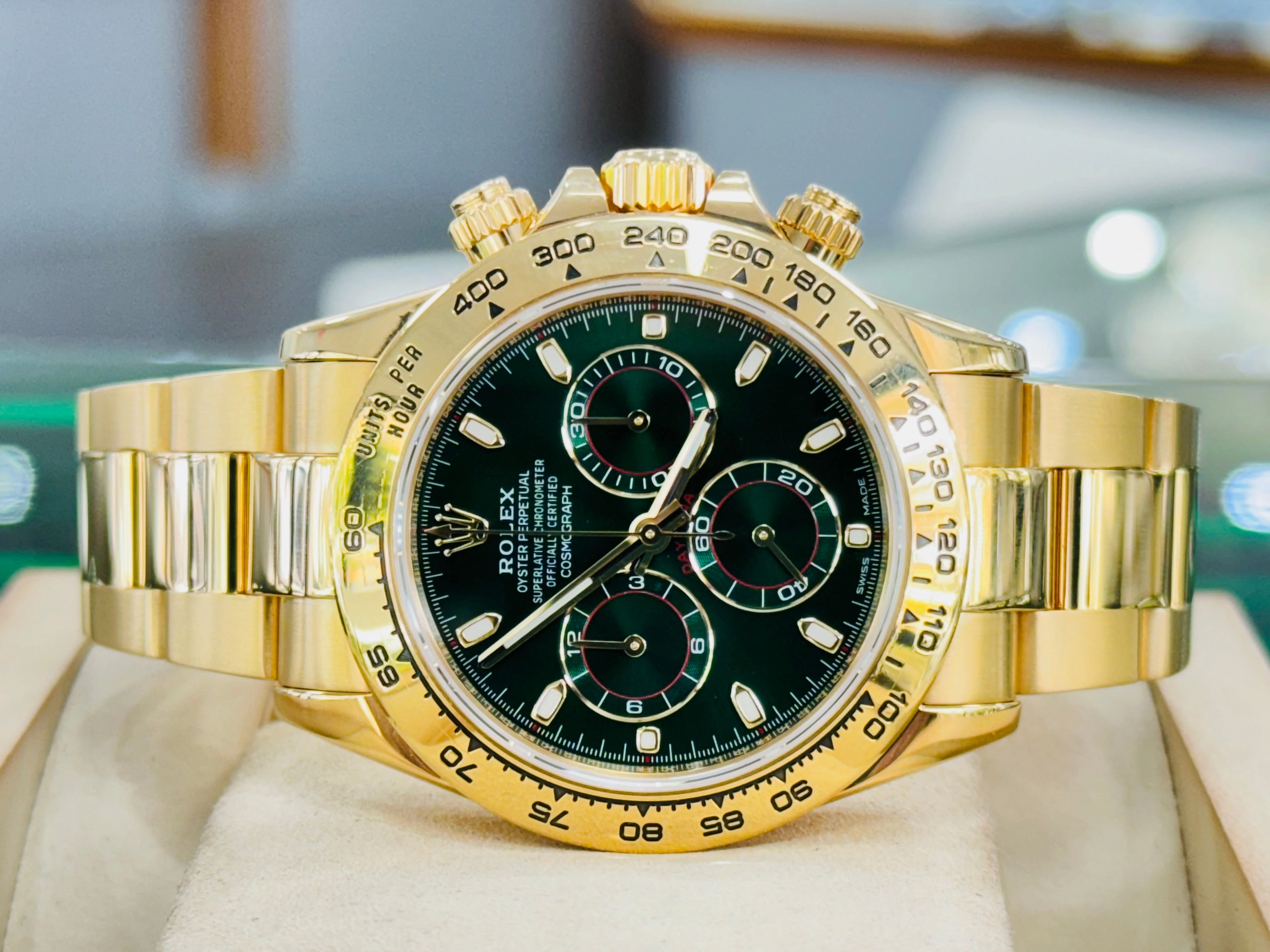 Rolex Daytona 116508 Known as the John mayer Cosmograph 40mm Yellow Gold Green Index Dial  Box and Papers PreOwned