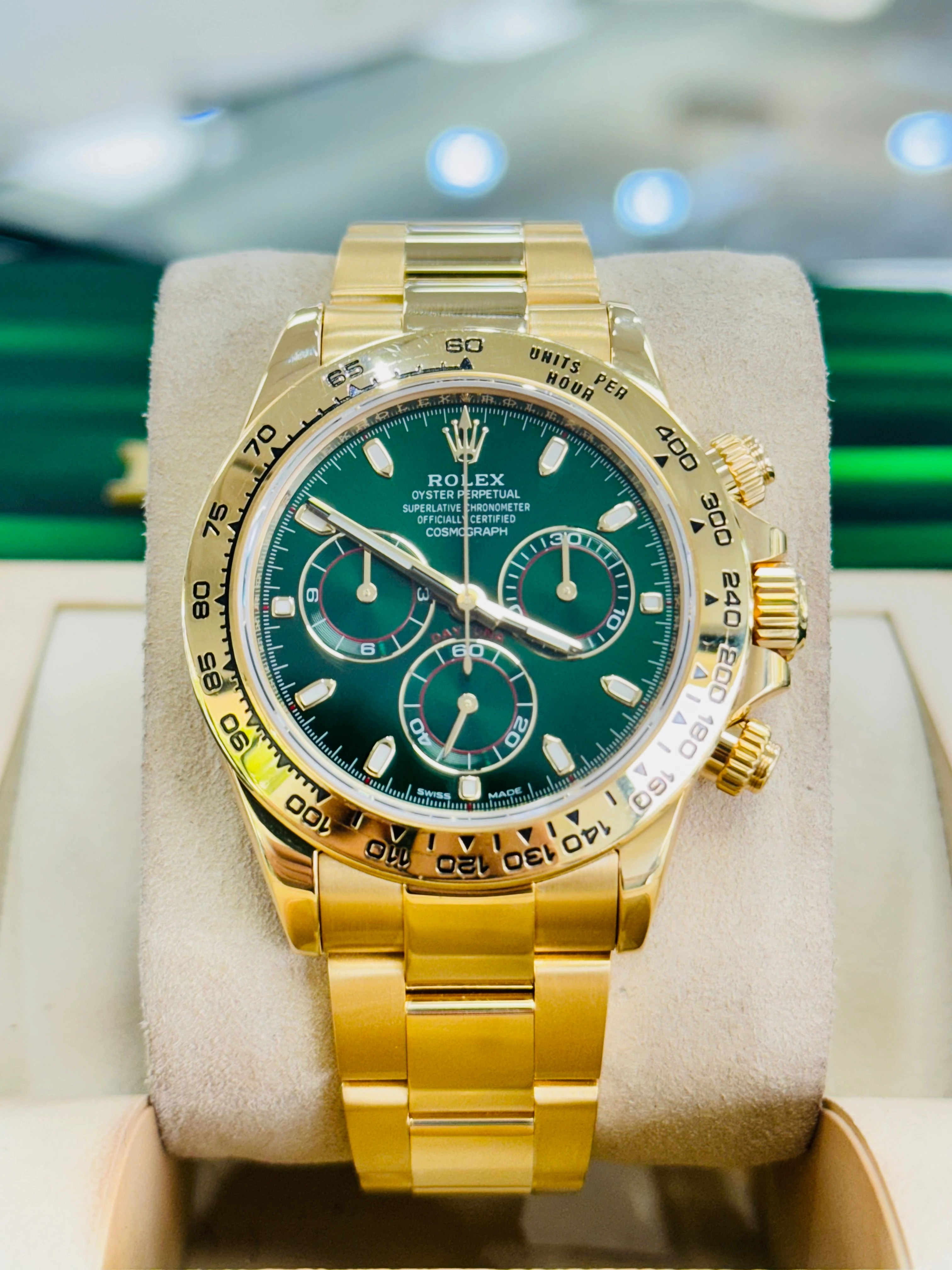 Rolex Daytona 116508 Known as the John mayer Cosmograph 40mm Yellow Gold Green Index Dial  Box and Papers PreOwned