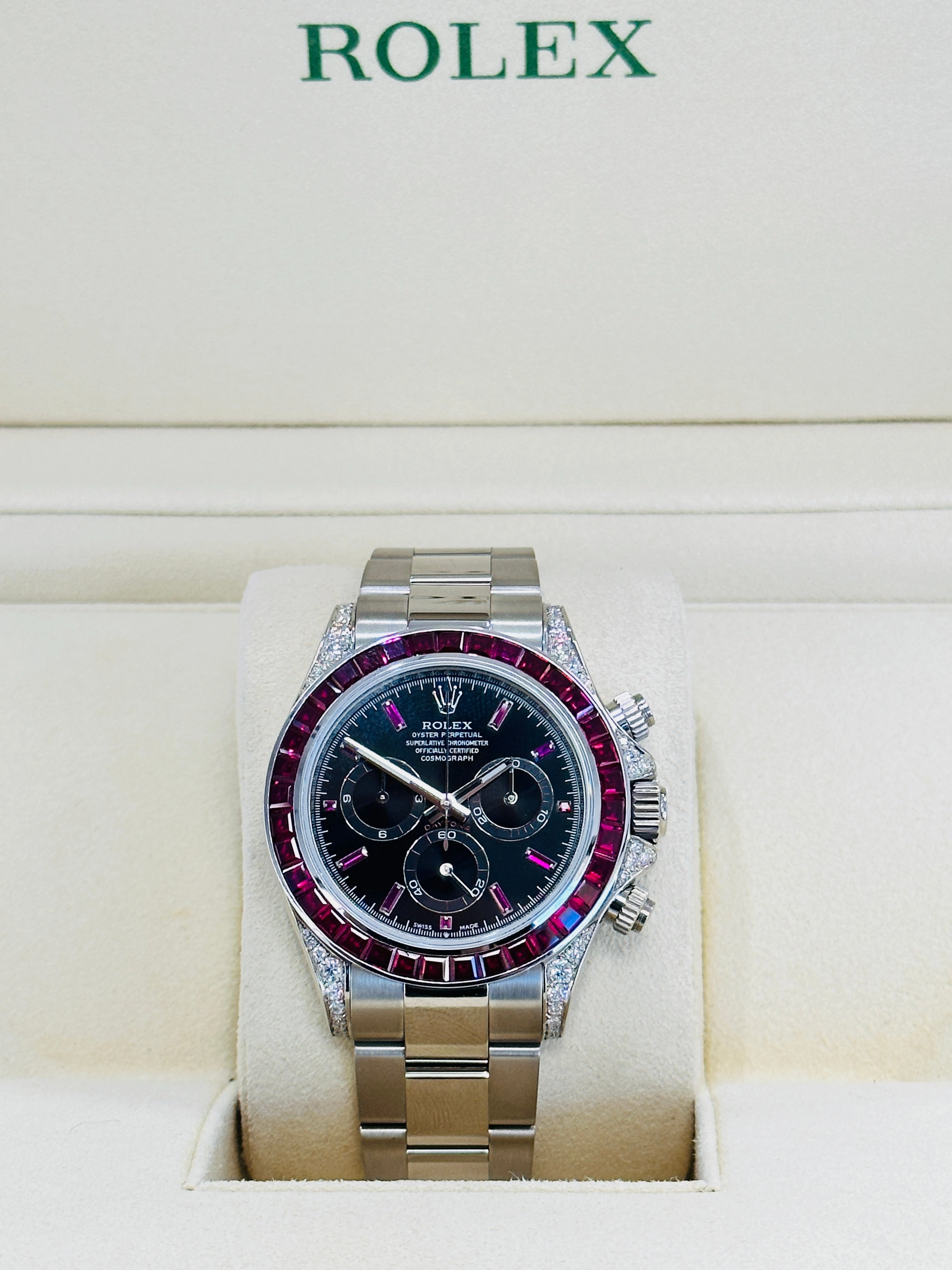 Rolex Daytona 116509 18K White Gold Custom Diamond lugs & Ruby Bezel BOX/PAPERS
