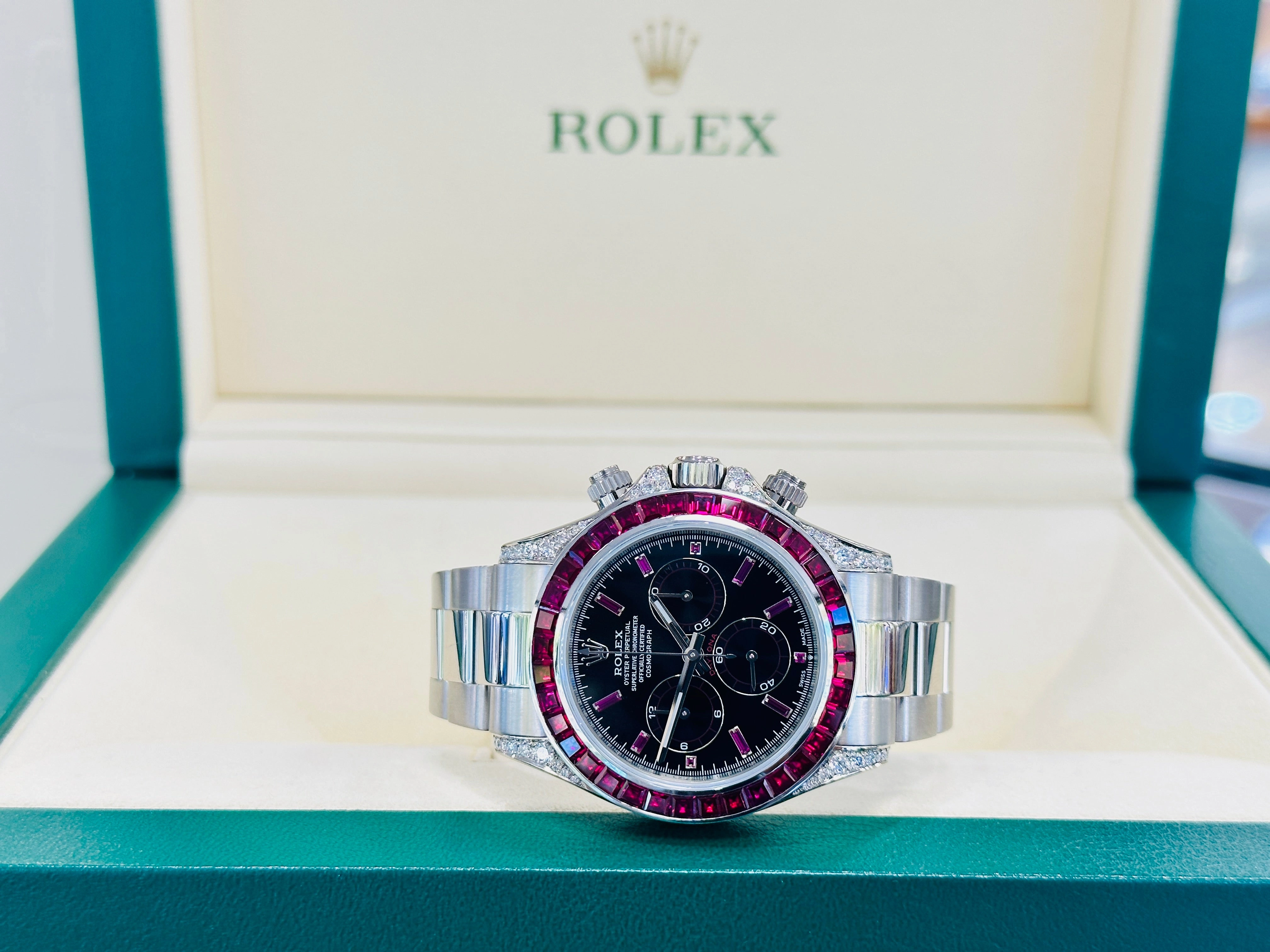 Rolex Daytona 116509 18K White Gold Custom Diamond lugs & Ruby Bezel BOX/PAPERS