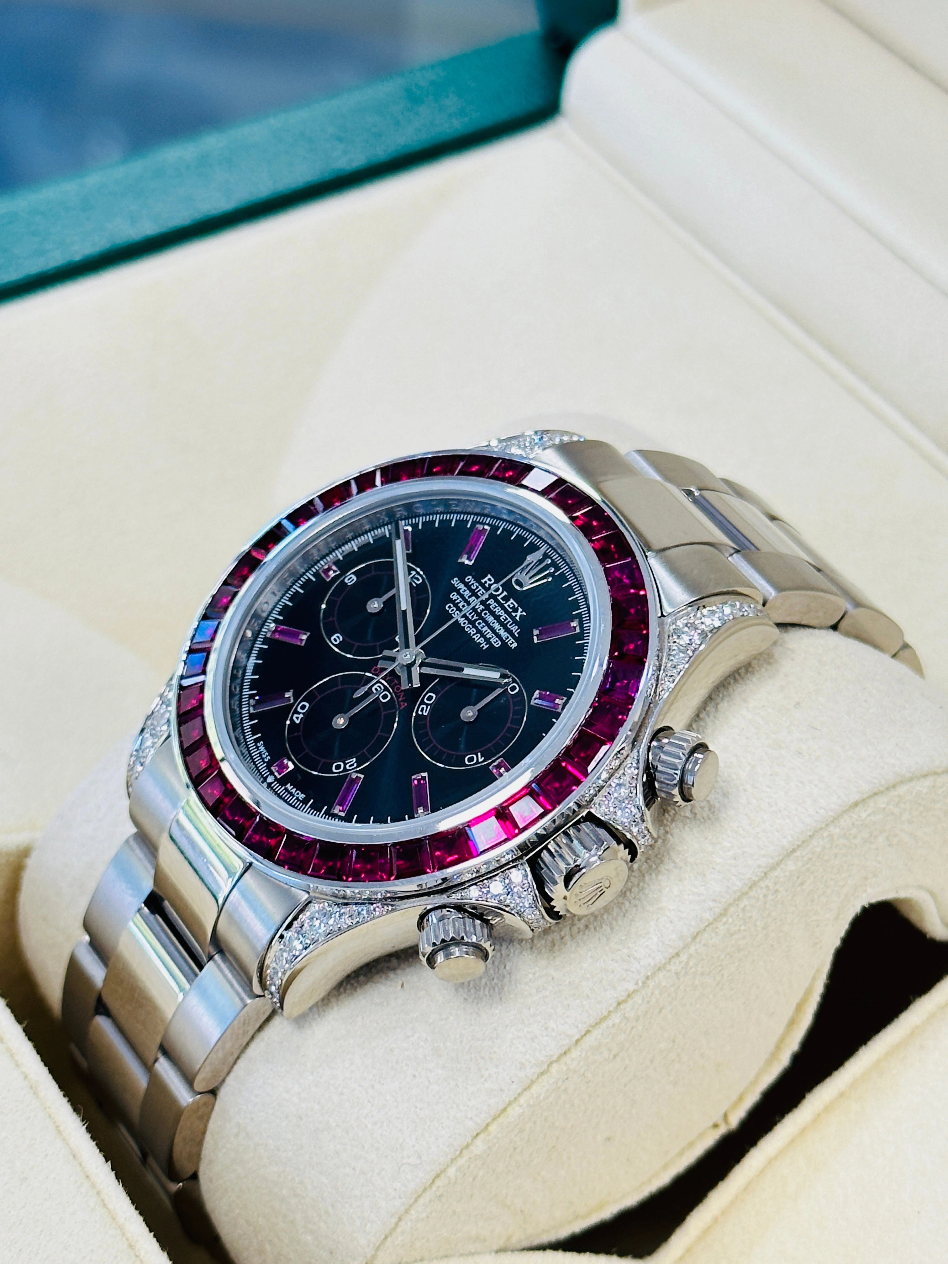 Rolex Daytona 116509 18K White Gold Custom Diamond lugs & Ruby Bezel BOX/PAPERS