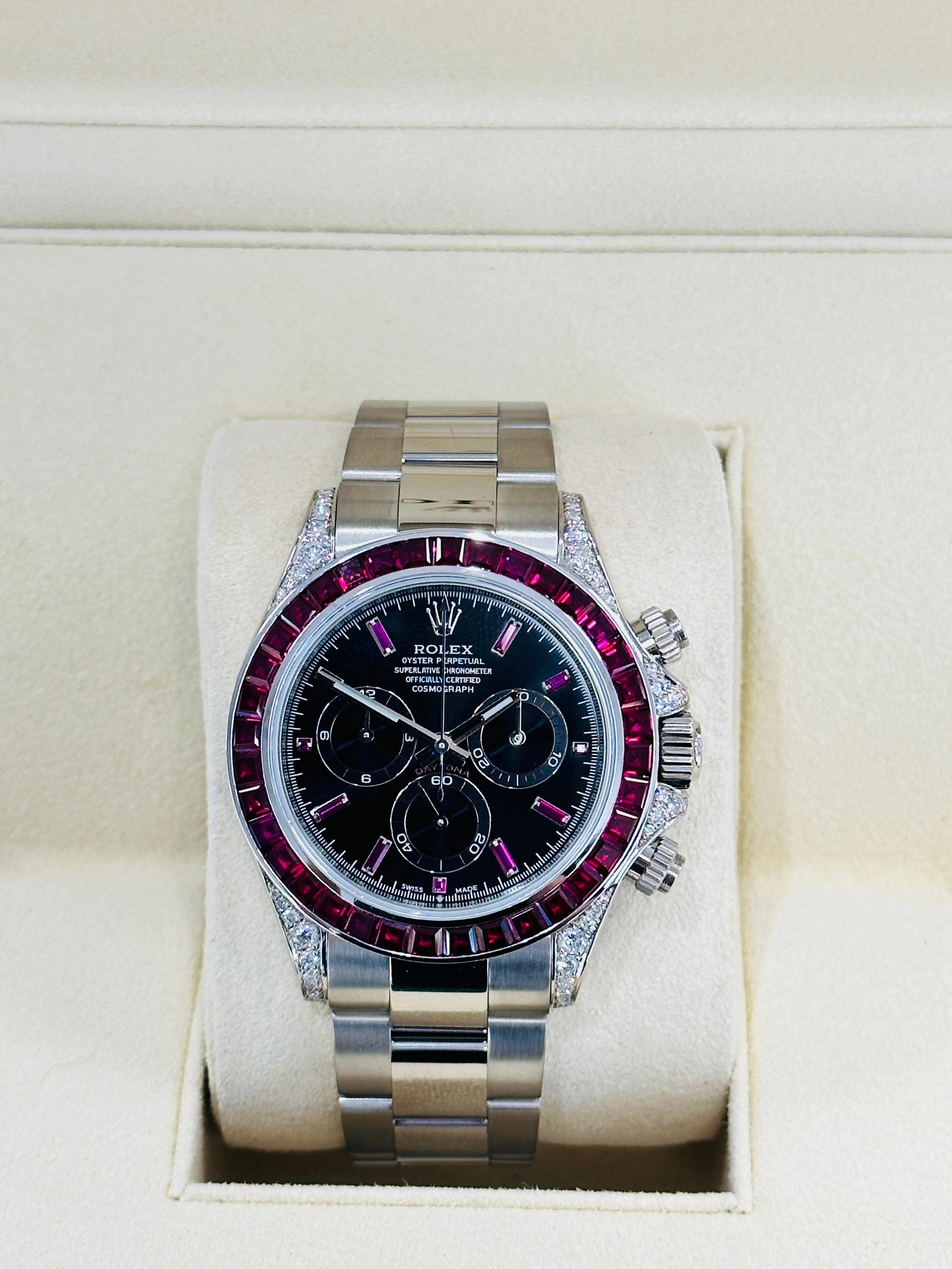 Rolex Daytona 116509 18K White Gold Custom Diamond lugs & Ruby Bezel BOX/PAPERS