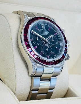 Rolex Daytona 116509 18K White Gold Custom Diamond lugs & Ruby Bezel BOX/PAPERS