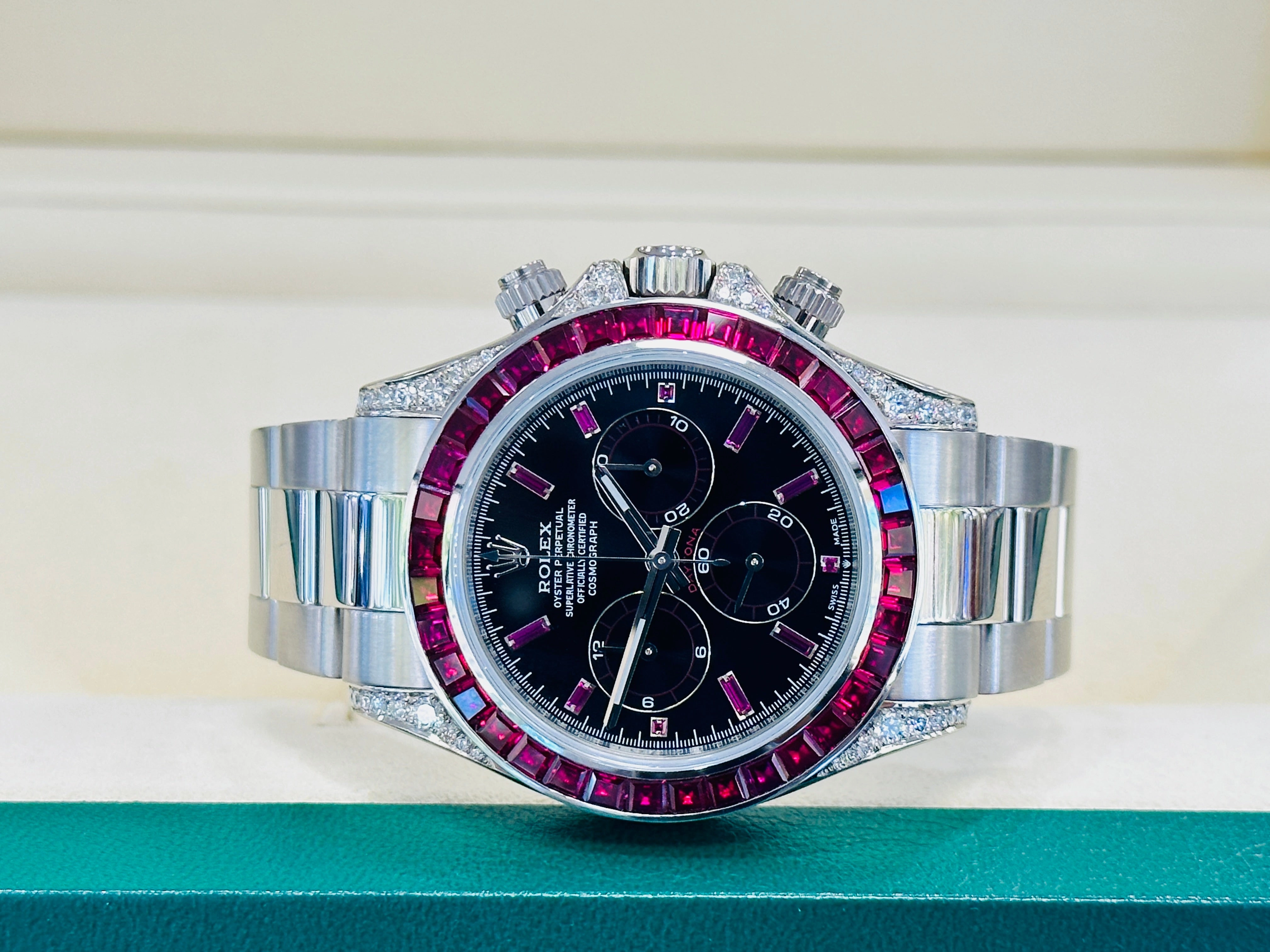 Rolex Daytona 116509 18K White Gold Custom Diamond lugs & Ruby Bezel BOX/PAPERS