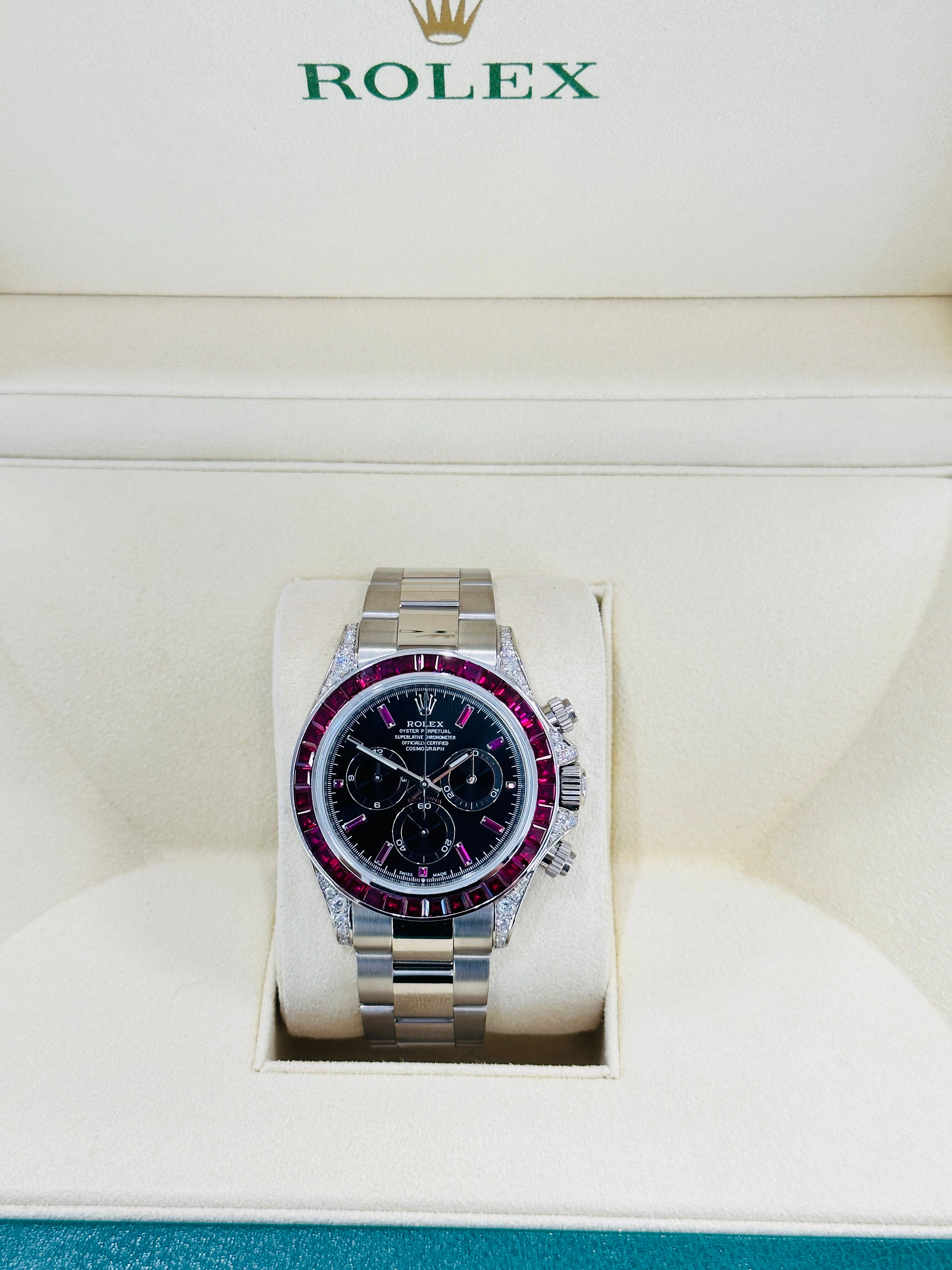 Rolex Daytona 116509 18K White Gold Custom Diamond lugs & Ruby Bezel BOX/PAPERS