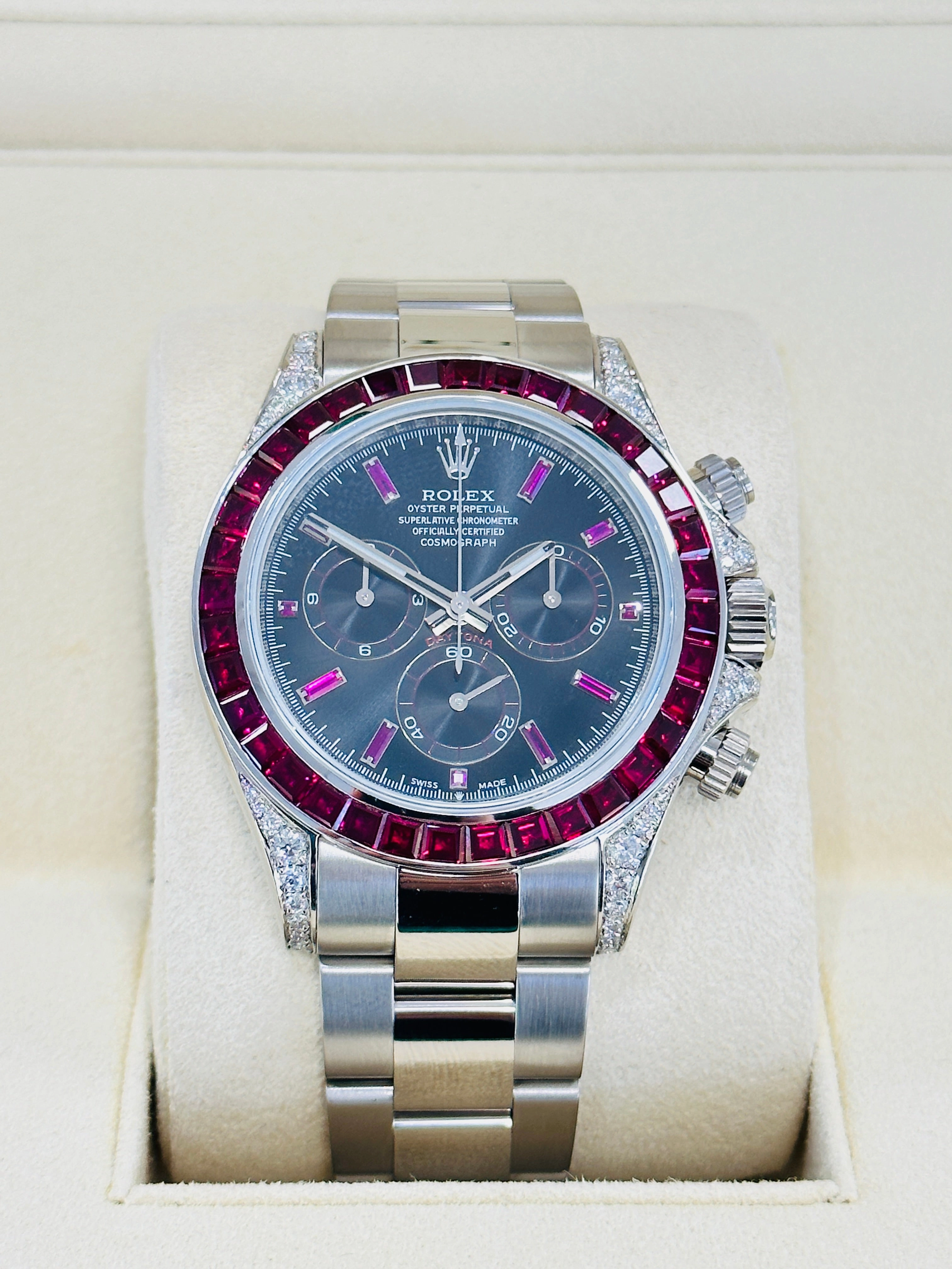 Rolex Daytona 116509 18K White Gold Custom Diamond lugs & Ruby Bezel BOX/PAPERS