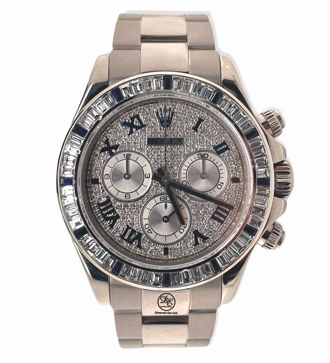 Rolex Daytona 116509 18K White Gold Custom Pave Diamond Dial on Oyster Blue sapphire Baguette Diamond Bezel
