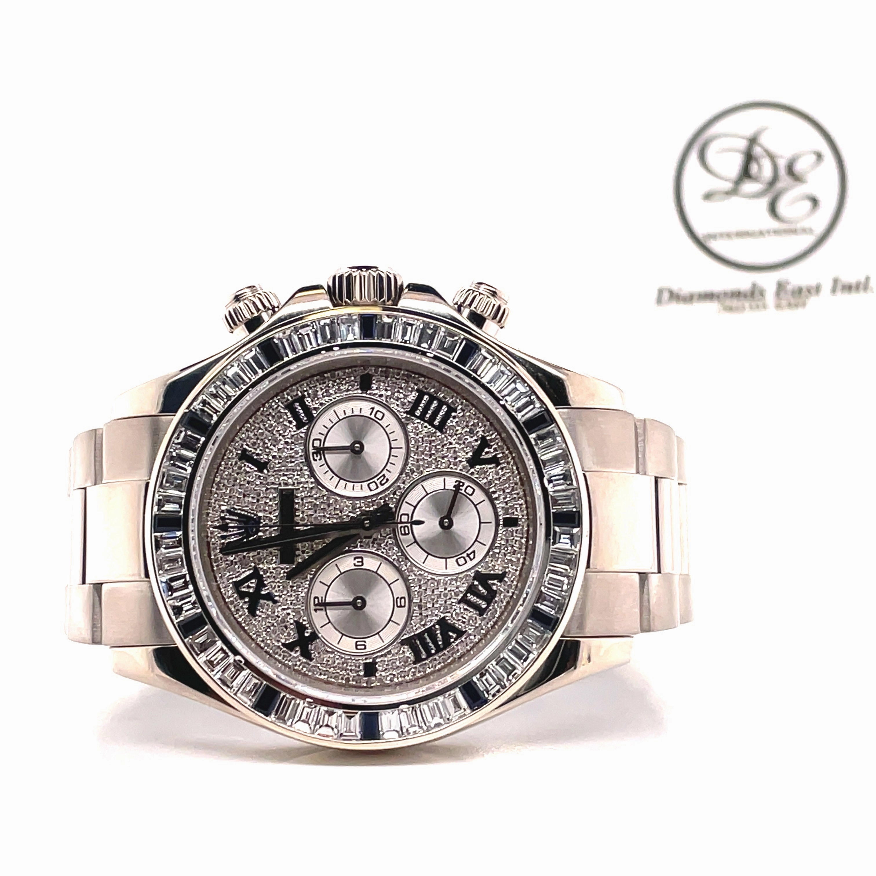 Rolex Daytona 116509 18K White Gold Custom Pave Diamond Dial on Oyster Blue sapphire Baguette Diamond Bezel