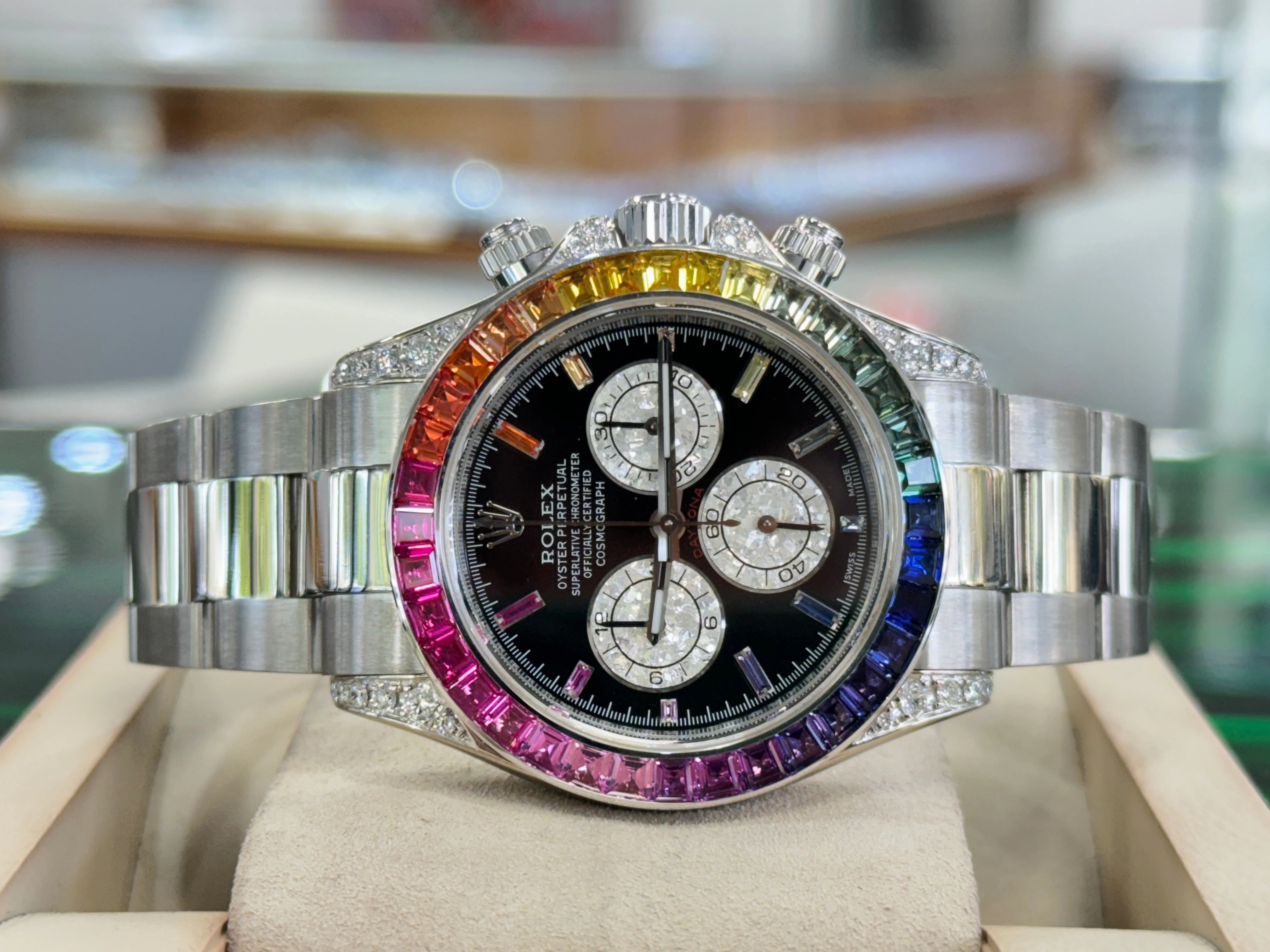 Rolex Daytona 116509 Custom Rainbow Diamonds And Sapphires 18K white Gold Watch MINT