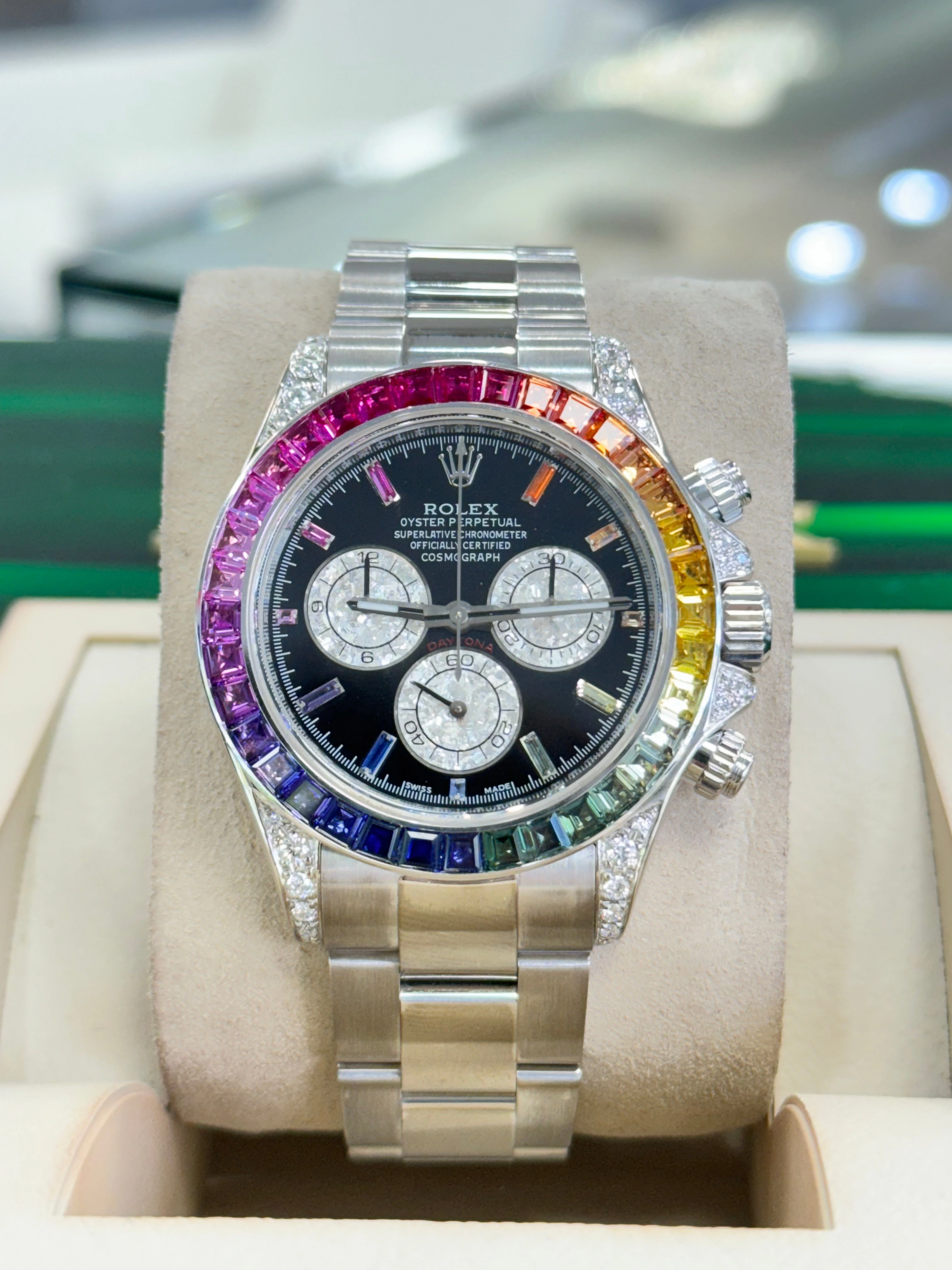 Rolex Daytona 116509 Custom Rainbow Diamonds And Sapphires 18K white Gold Watch MINT