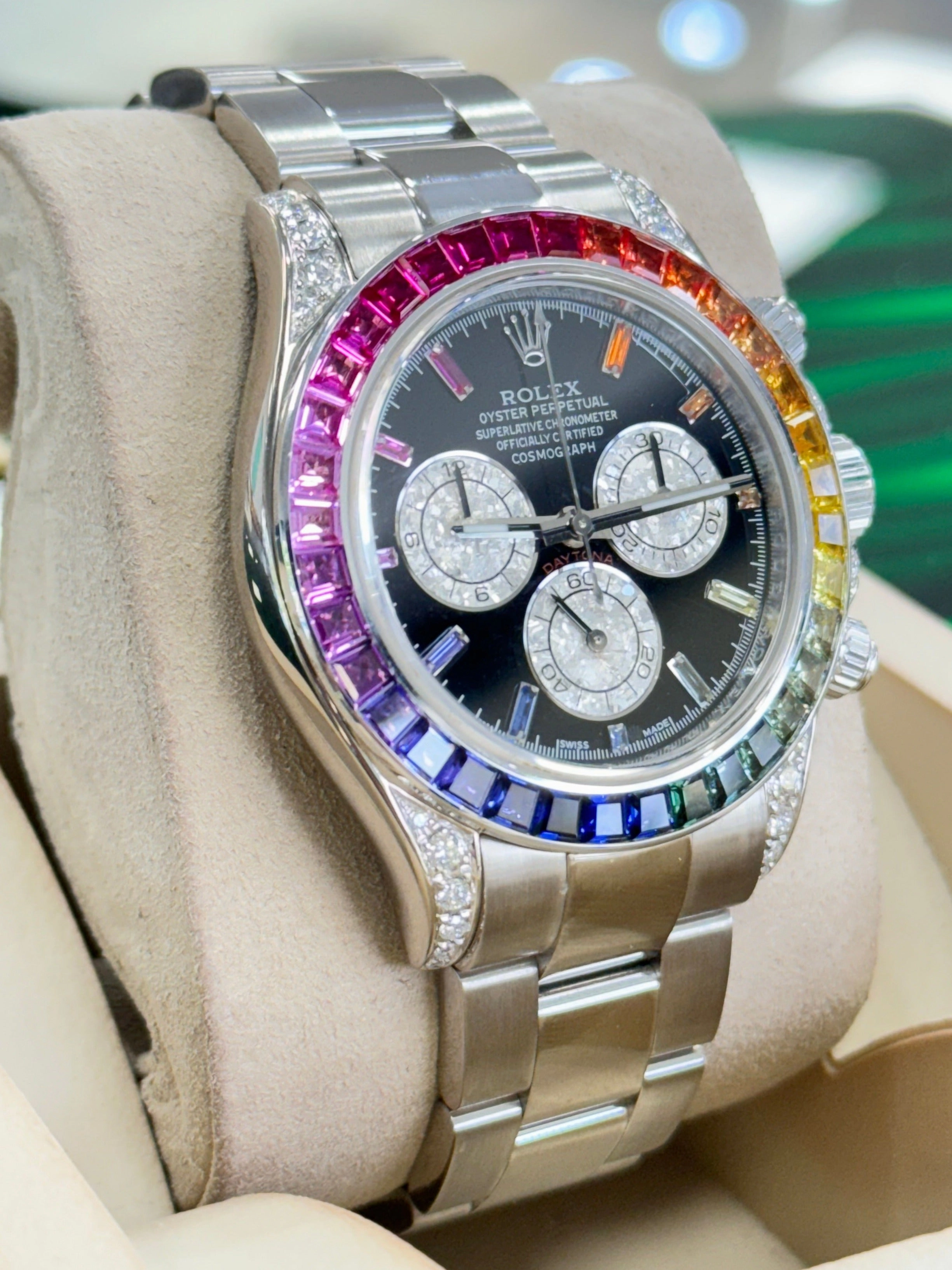 Rolex Daytona 116509 Custom Rainbow Diamonds And Sapphires 18K white Gold Watch MINT