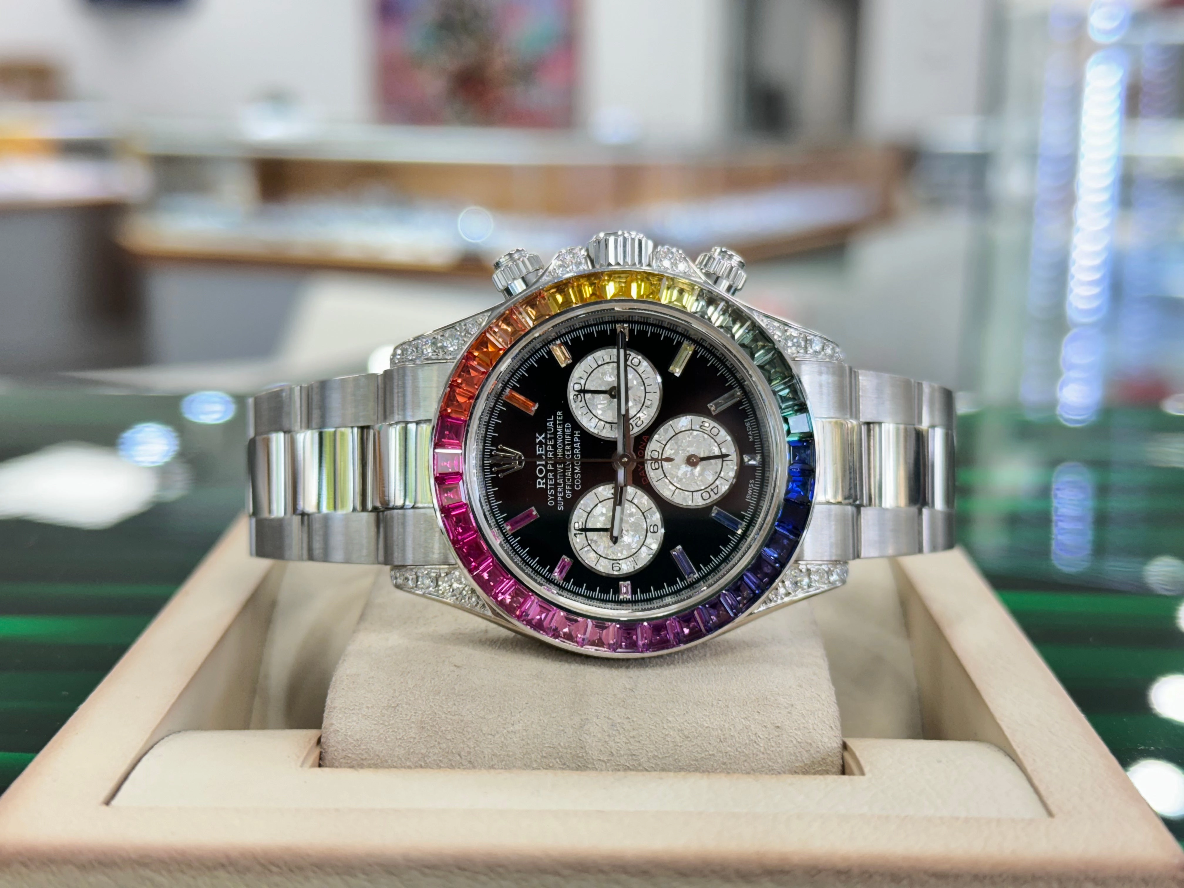 Rolex Daytona 116509 Custom Rainbow Diamonds And Sapphires 18K white Gold Watch MINT