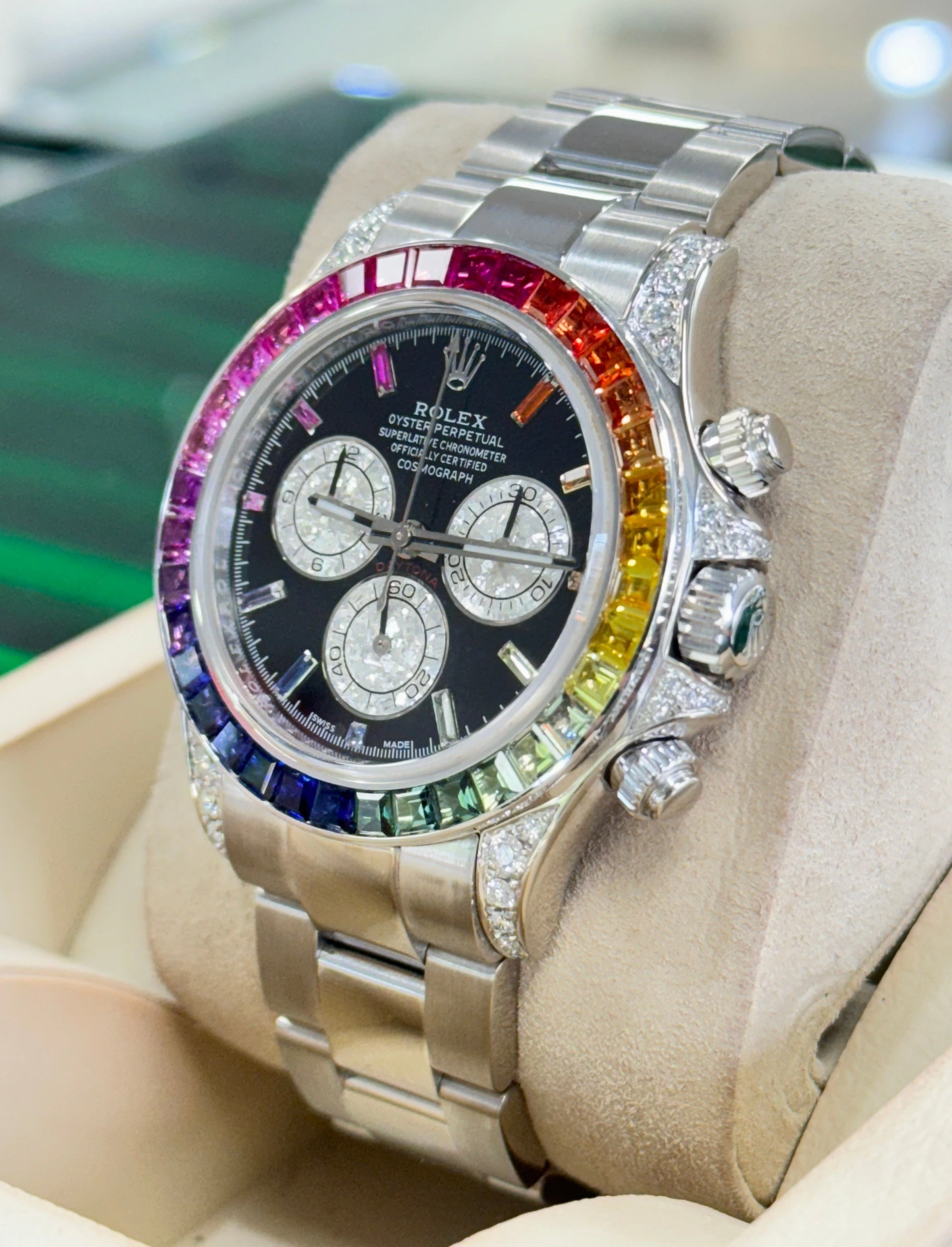 Rolex Daytona 116509 Custom Rainbow Diamonds And Sapphires 18K white Gold Watch MINT
