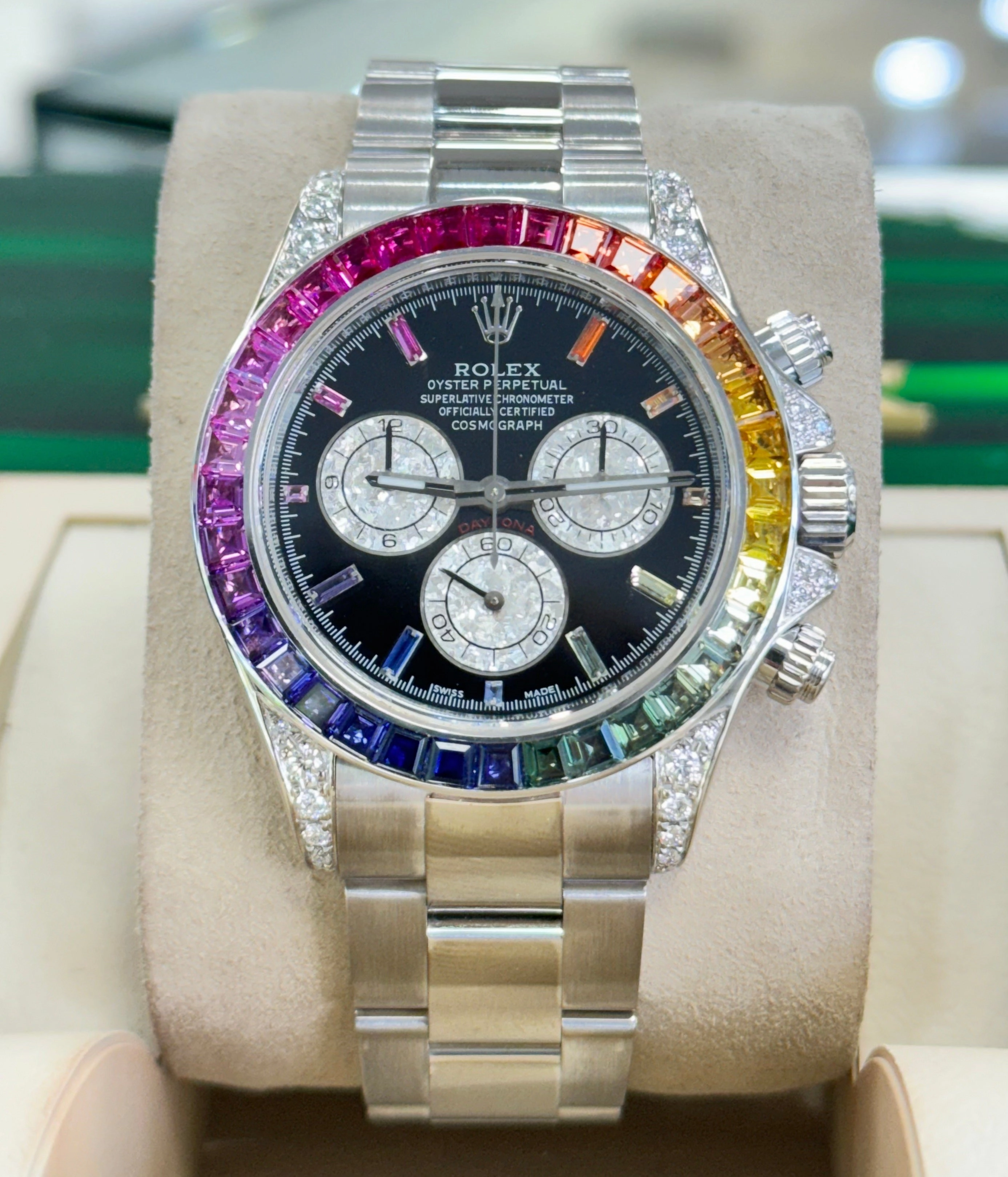 Rolex Daytona 116509 Custom Rainbow Diamonds And Sapphires 18K white Gold Watch MINT