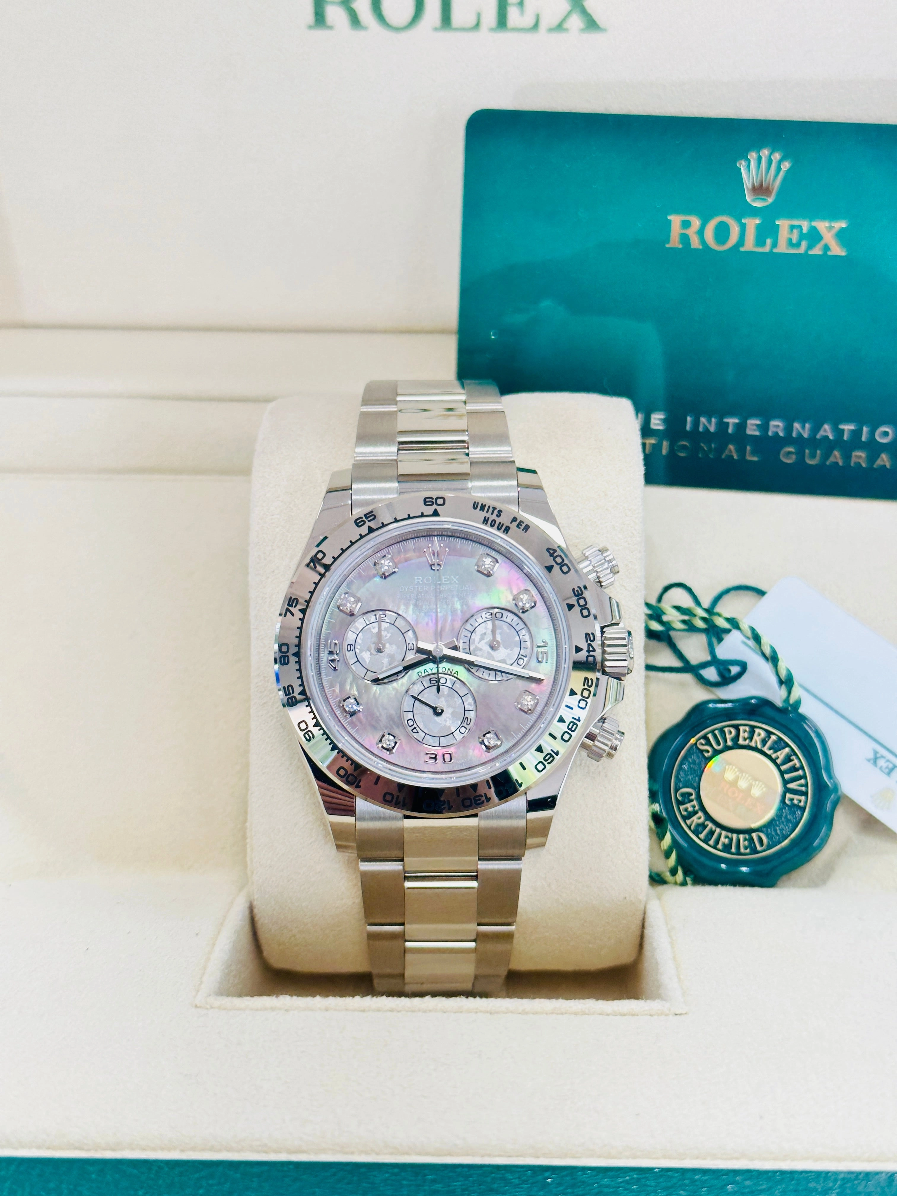 Rolex Daytona 116509 Factory Diamond Mother Of Pearl Dial Box and Papers Unworn