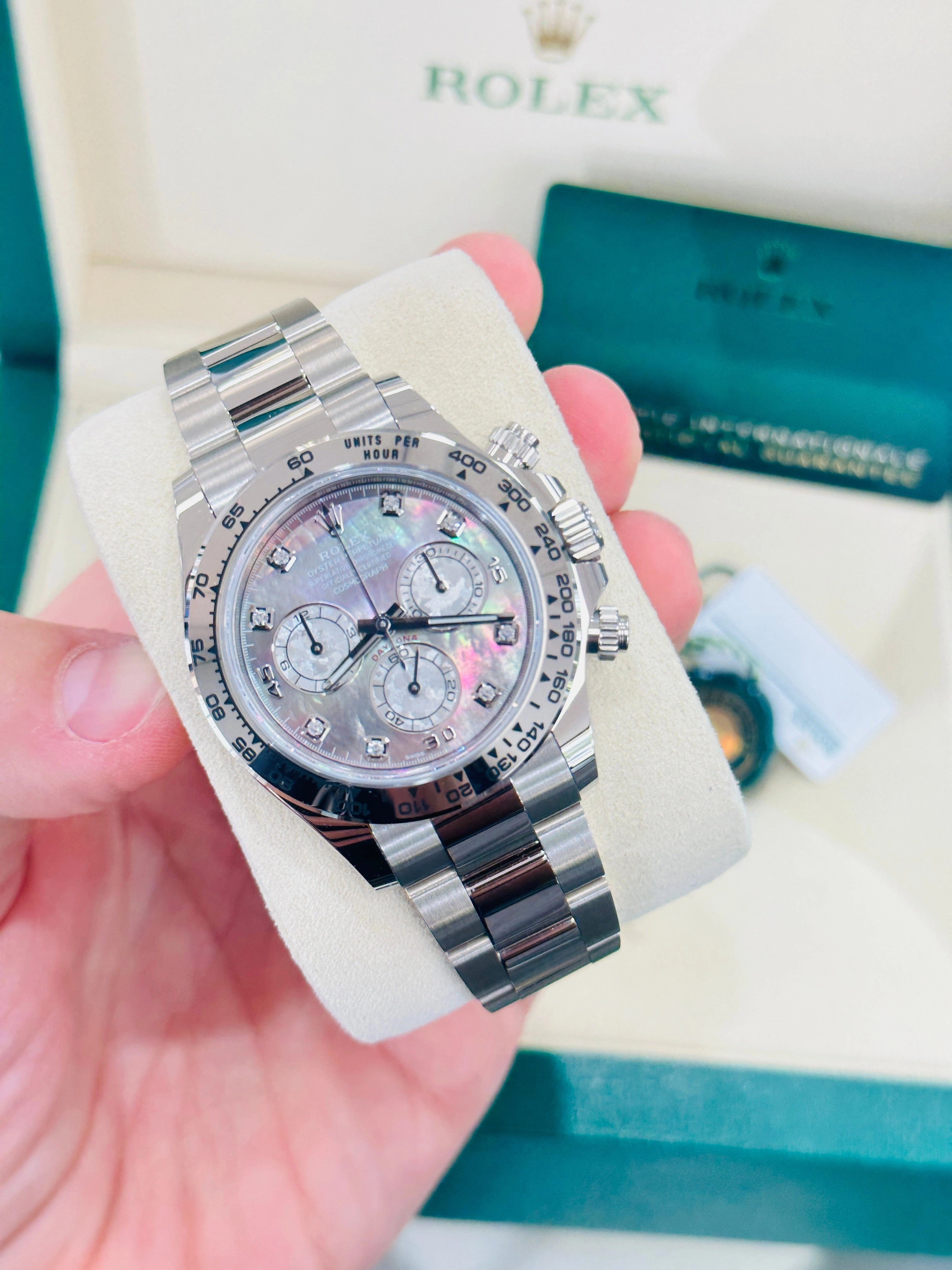 Rolex Daytona 116509 Factory Diamond Mother Of Pearl Dial Box and Papers Unworn