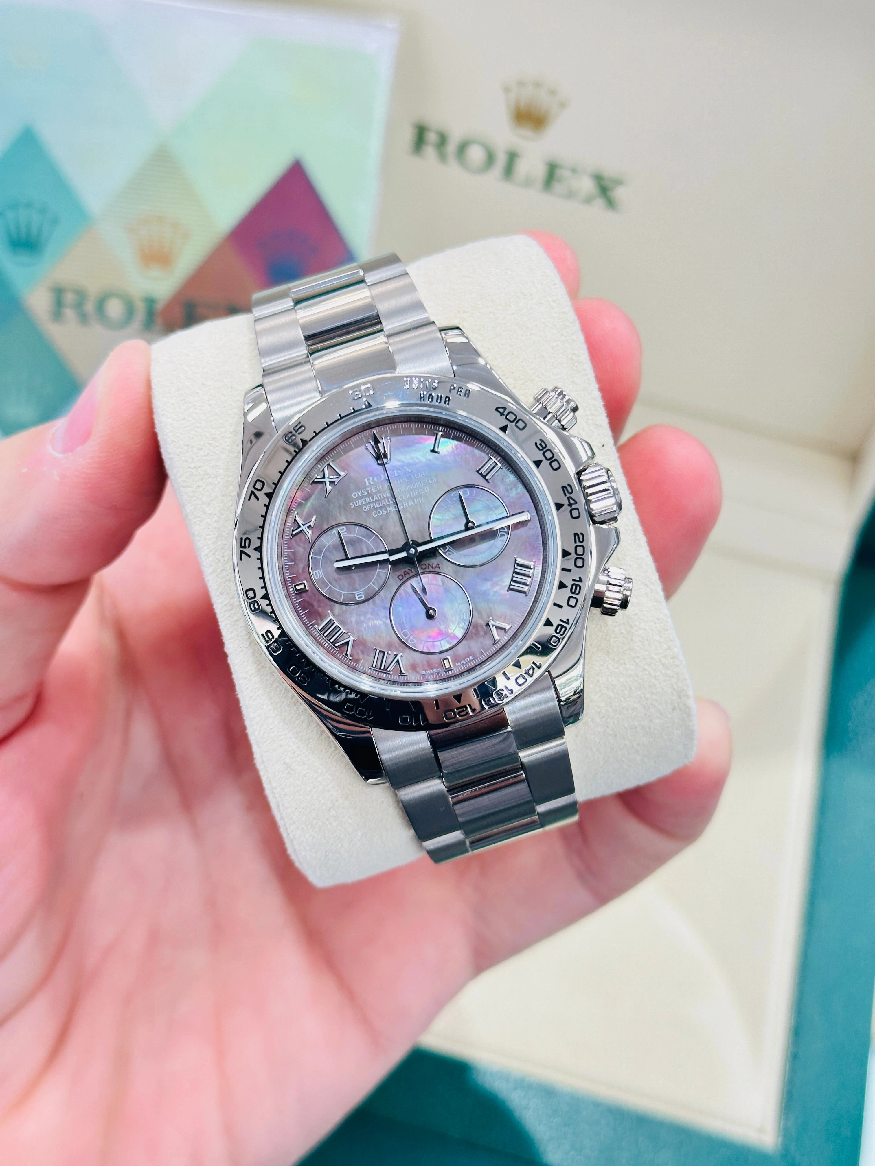 Rolex Daytona 116509 Factory Roman Mother Of Pearl Dial Box and Papers PreOwned