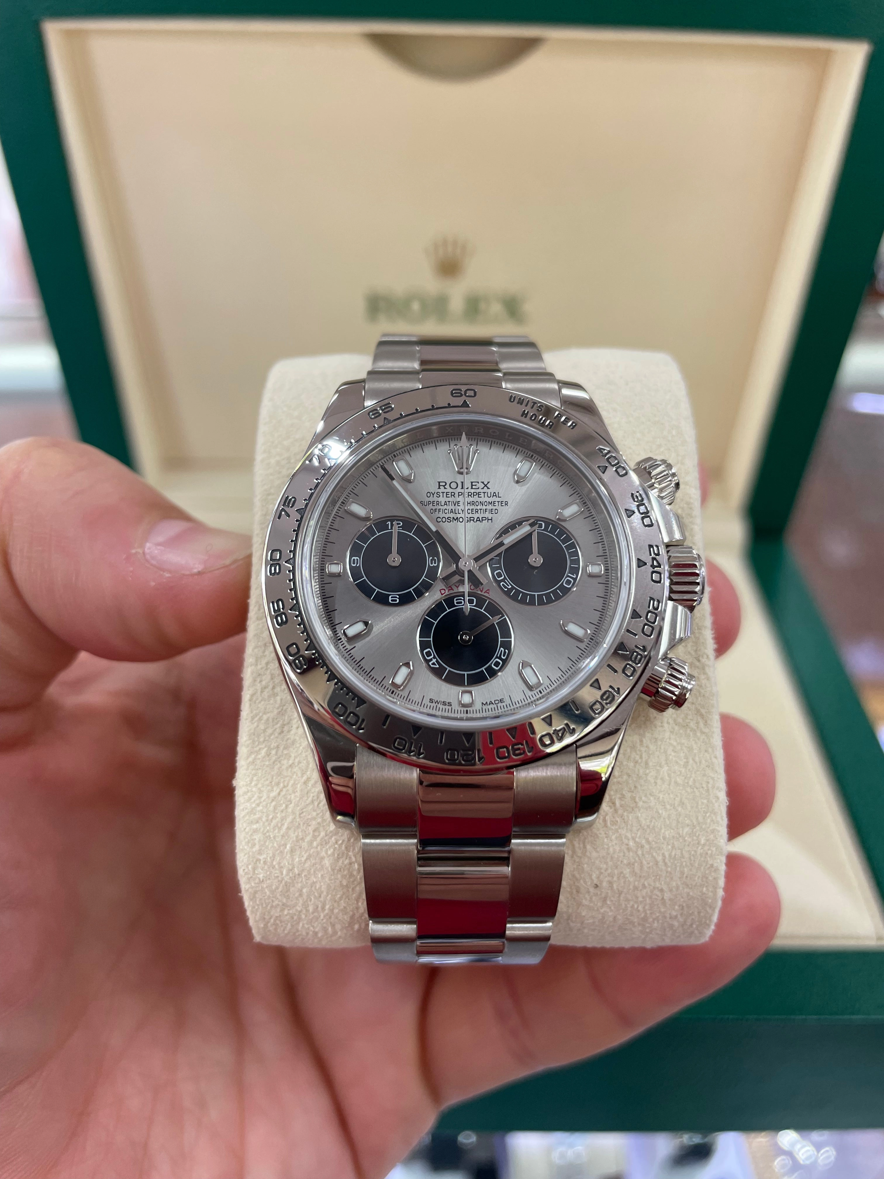 Rolex Daytona 116509 White Gold Cosmograph Silver Panda Dial Box and Papers PreOwned