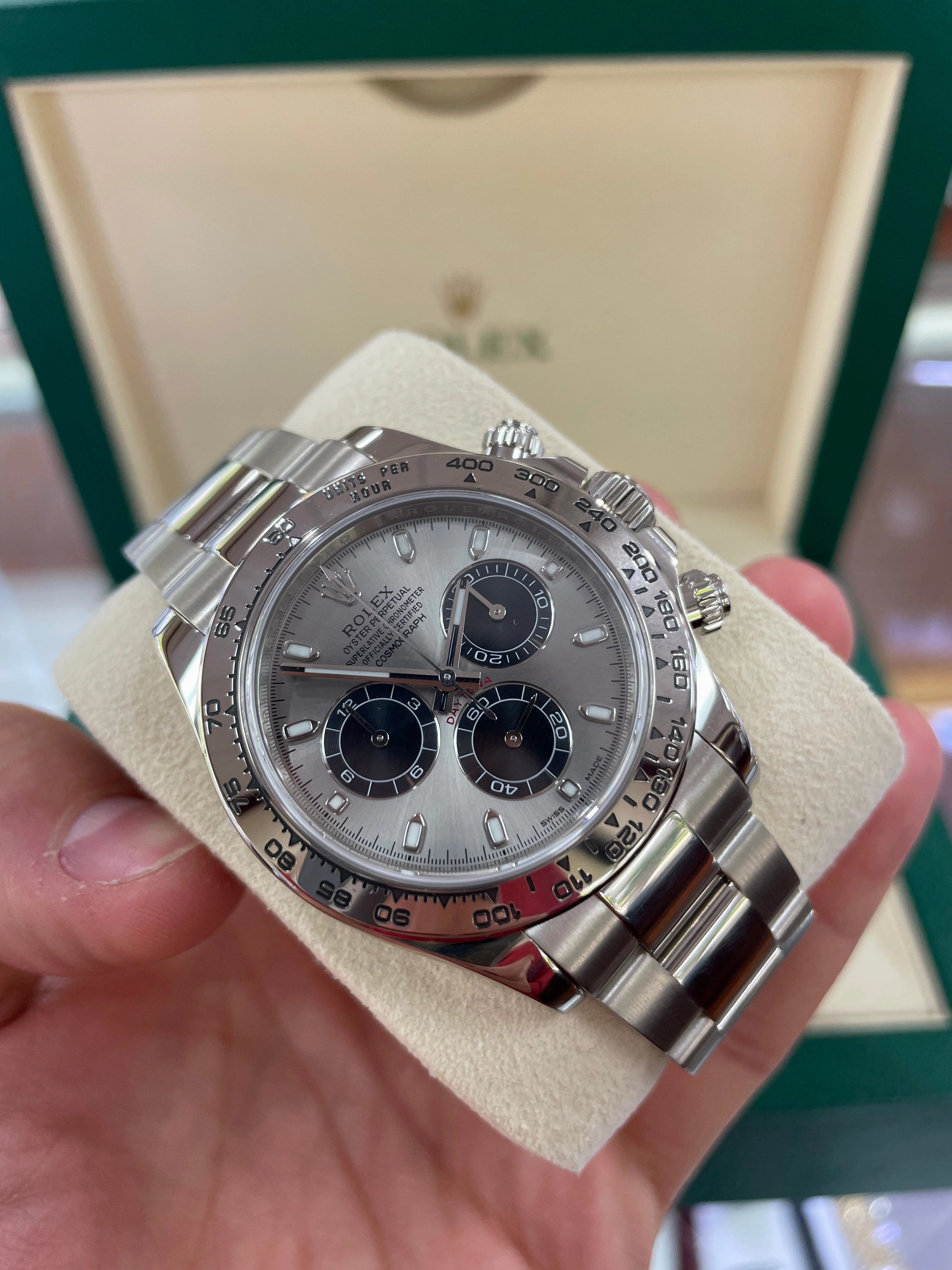 Rolex Daytona 116509 White Gold Cosmograph Silver Panda Dial Box and Papers PreOwned