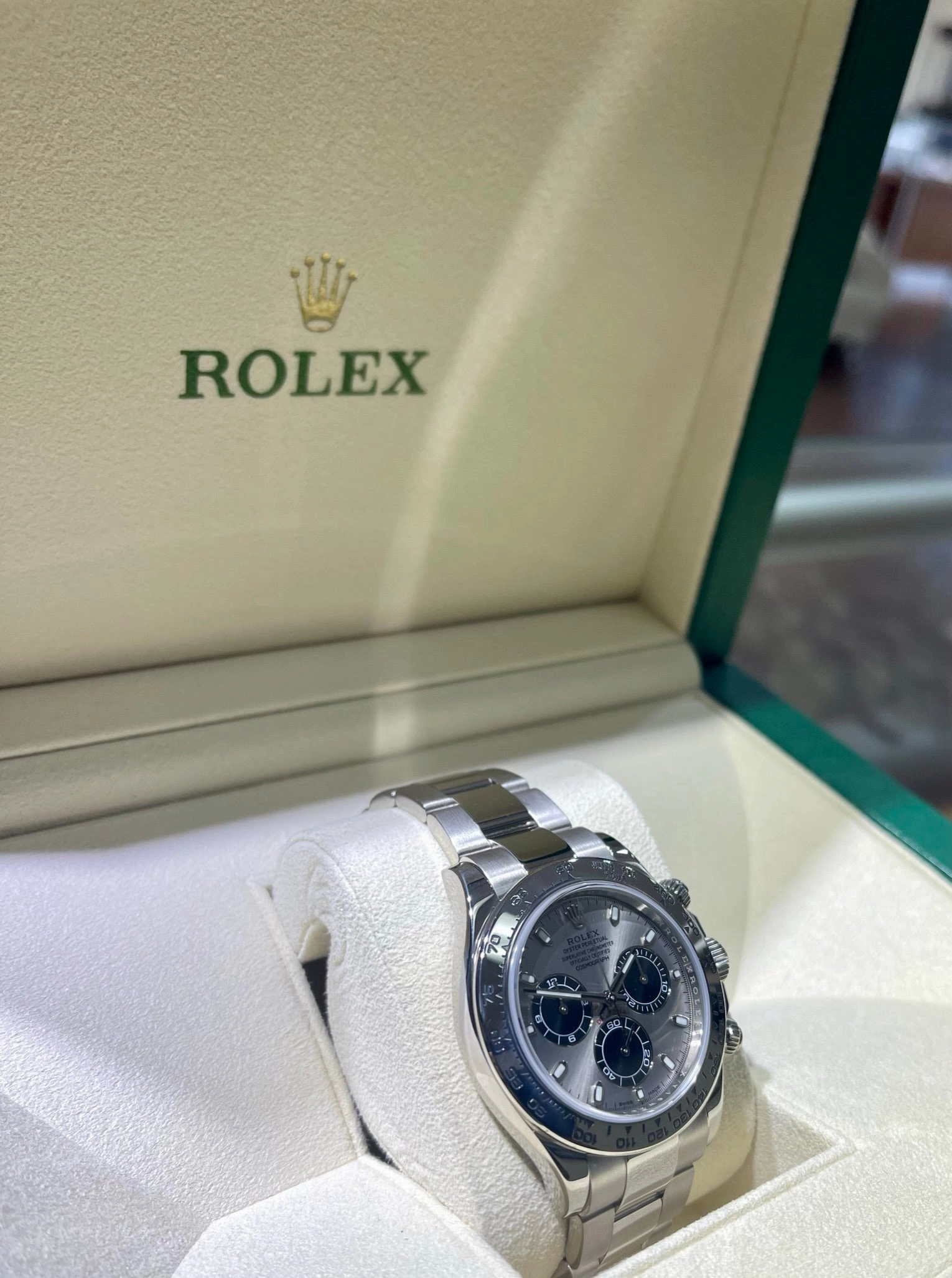 Rolex Daytona 116509 White Gold Cosmograph Silver Panda Dial Box and Papers PreOwned