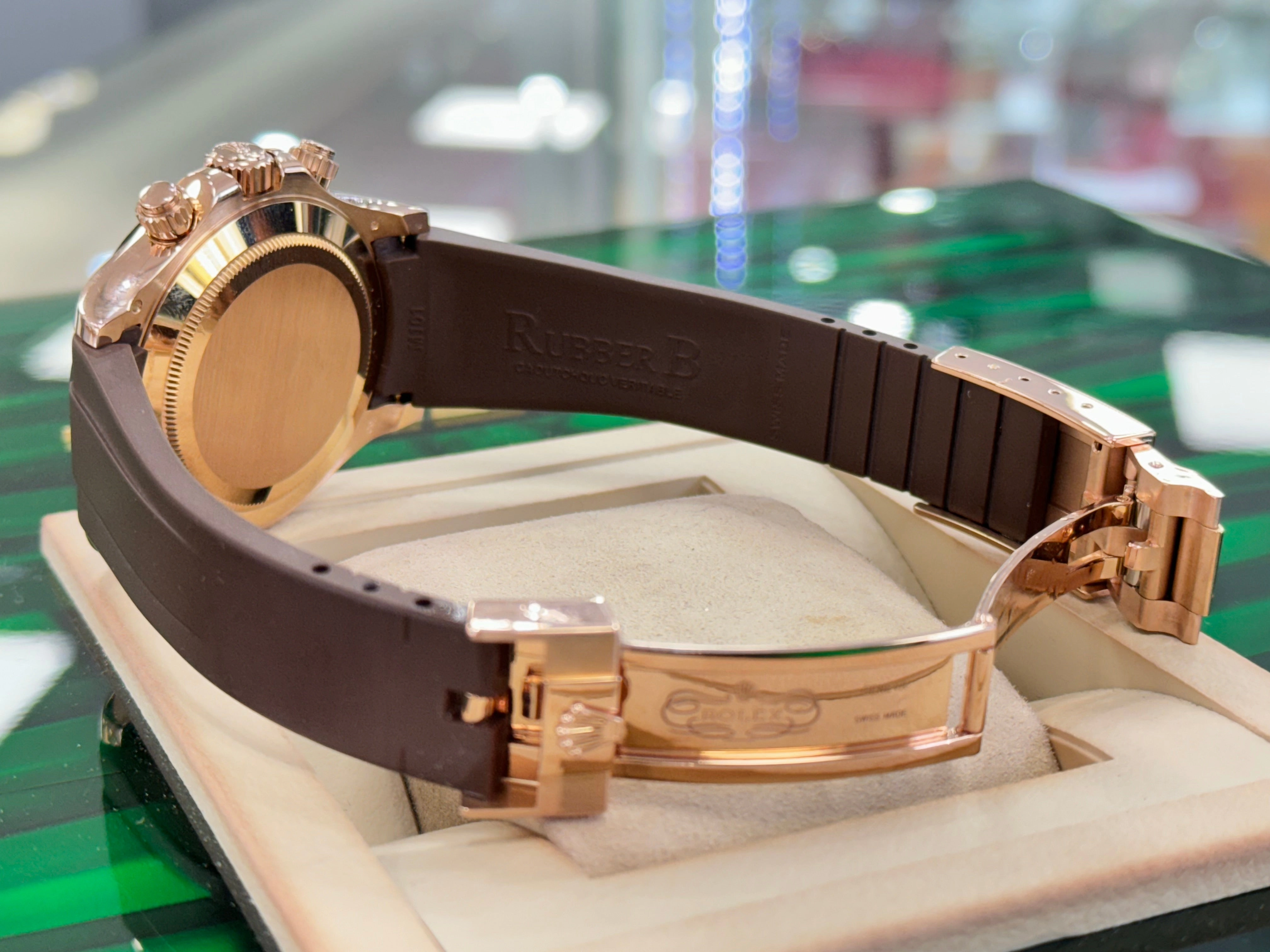 Rolex Daytona 116515 Rose Gold Chocolate Arabic Dial Custom Rubberb Band Box and Papers MINT