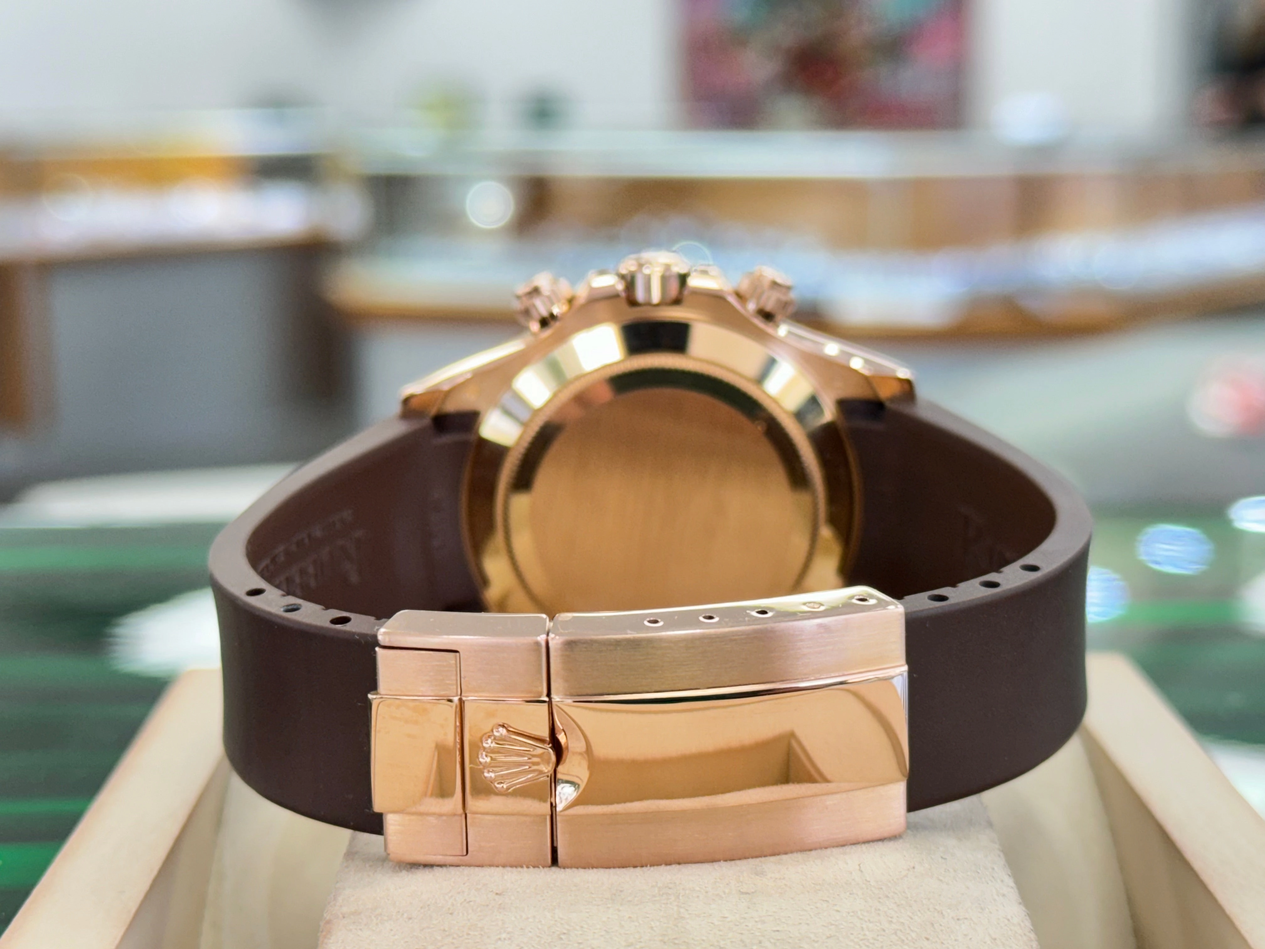 Rolex Daytona 116515 Rose Gold Chocolate Arabic Dial Custom Rubberb Band Box and Papers MINT
