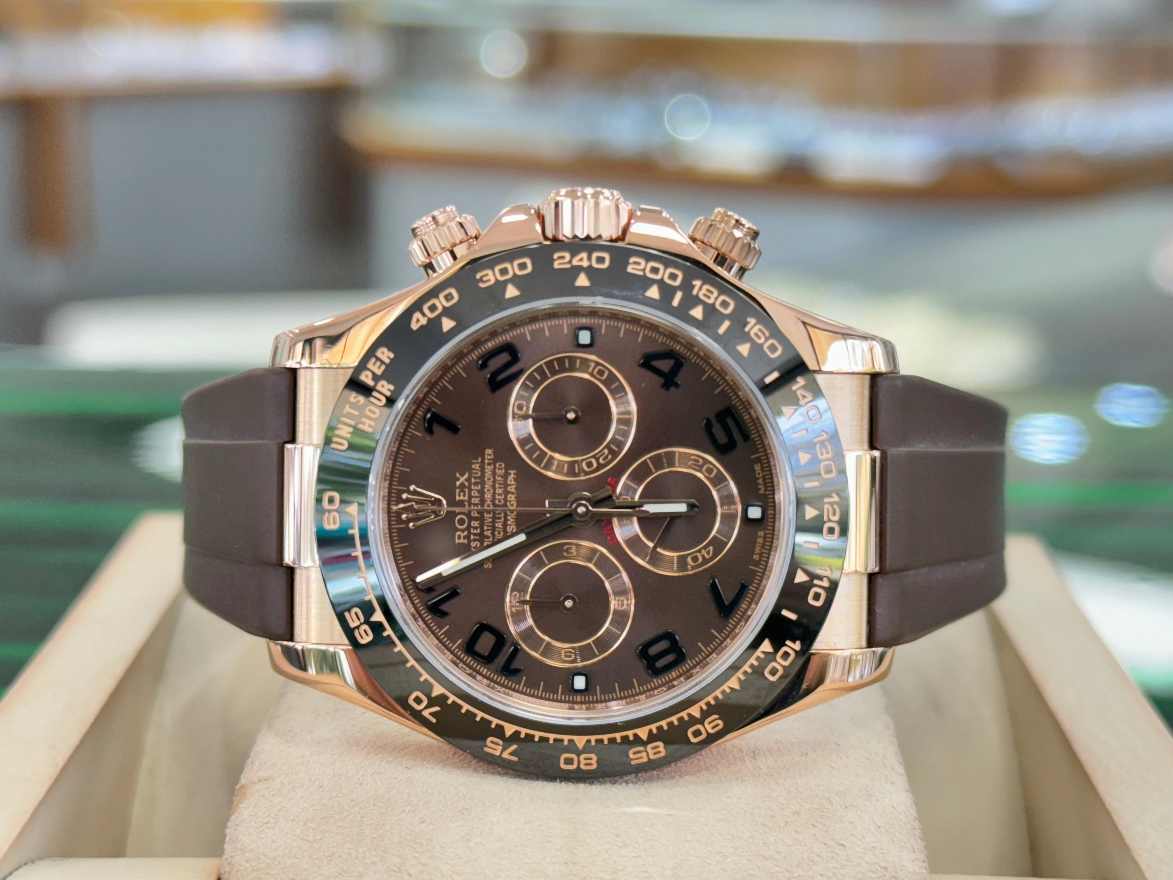 Rolex Daytona 116515 Rose Gold Chocolate Arabic Dial Custom Rubberb Band Box and Papers MINT