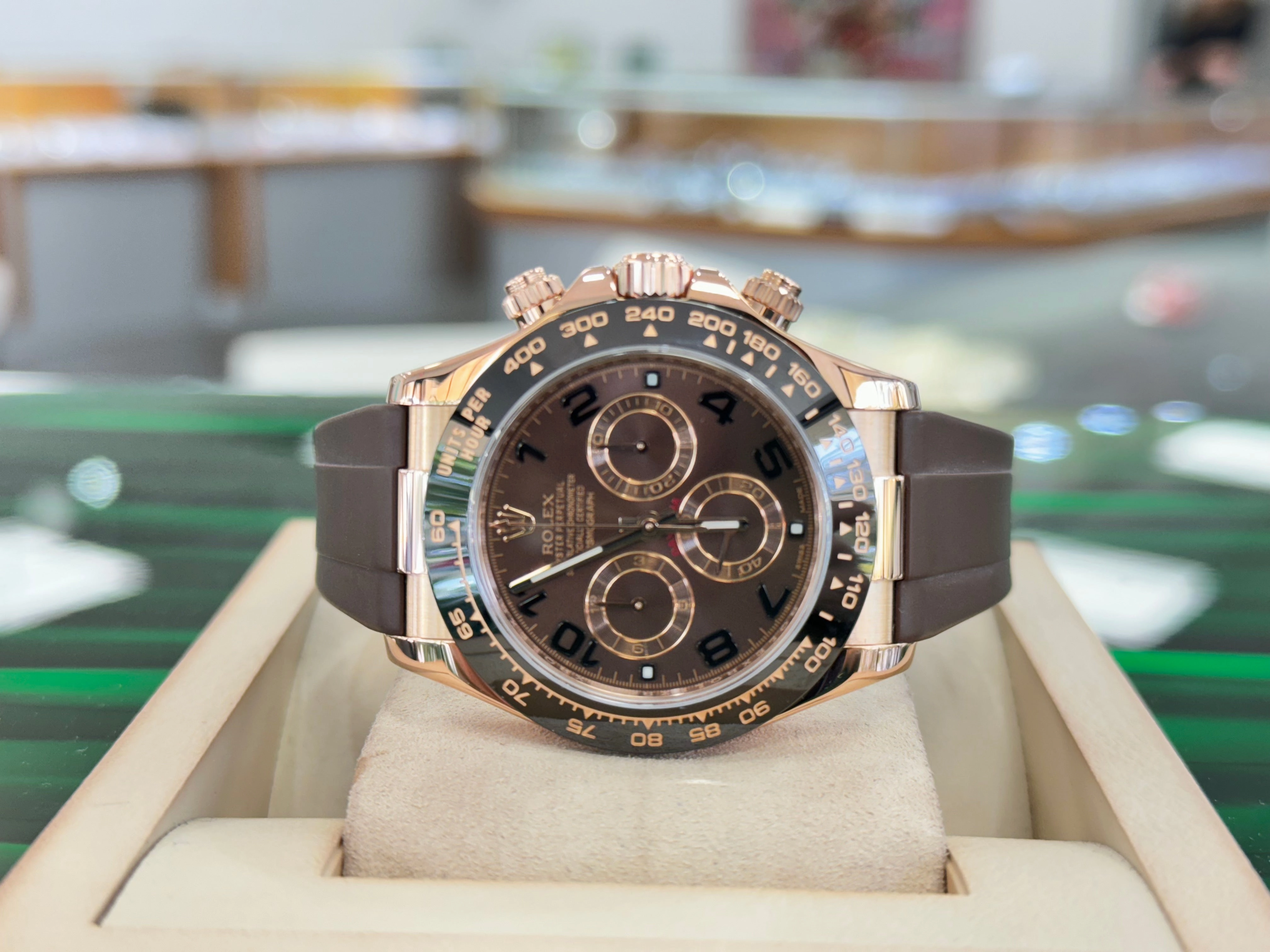 Rolex Daytona 116515 Rose Gold Chocolate Arabic Dial Custom Rubberb Band Box and Papers MINT