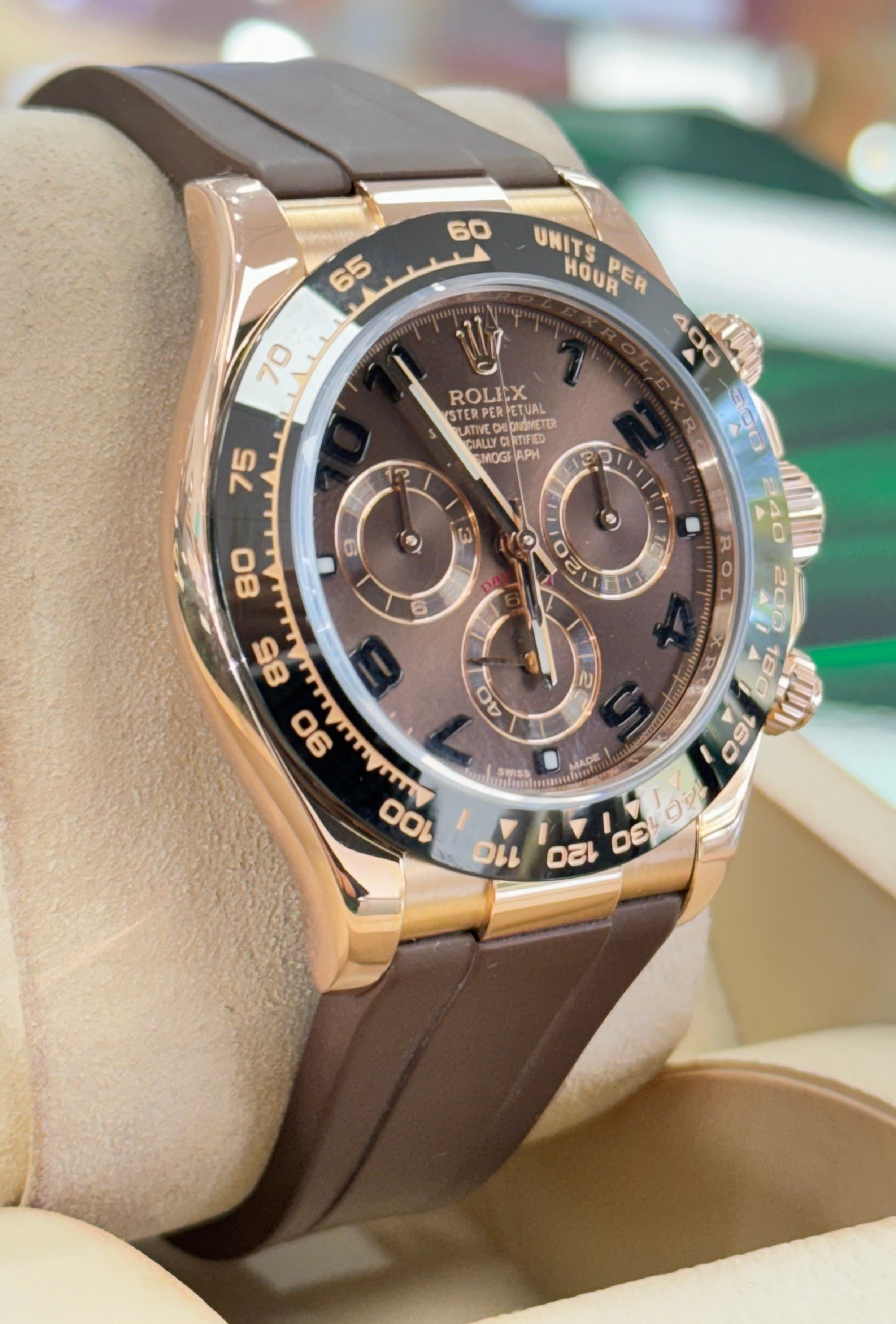 Rolex Daytona 116515 Rose Gold Chocolate Arabic Dial Custom Rubberb Band Box and Papers MINT