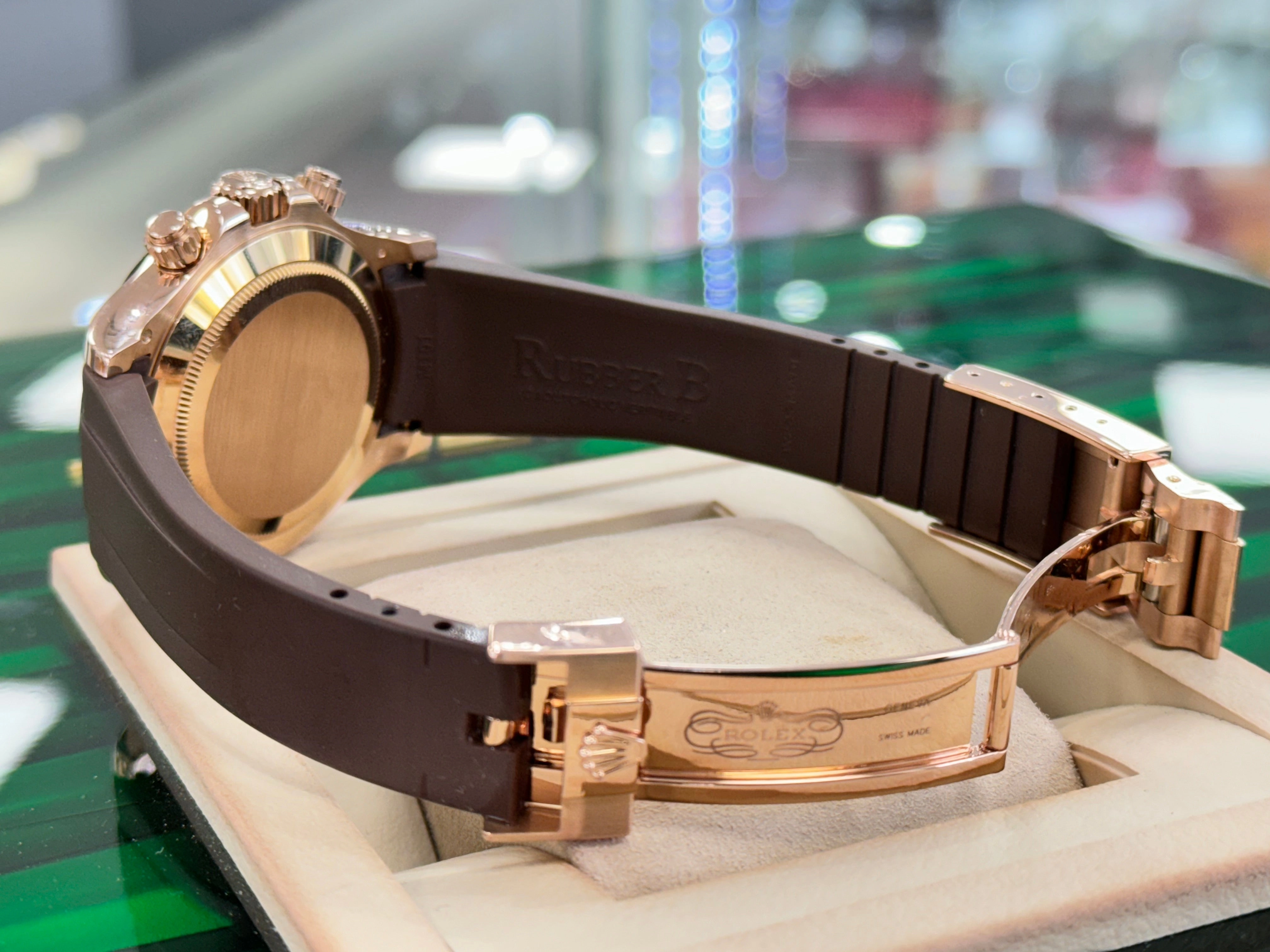 Rolex Daytona 116515 Rose Gold Chocolate Arabic Dial Custom Rubberb Band Box and Papers MINT
