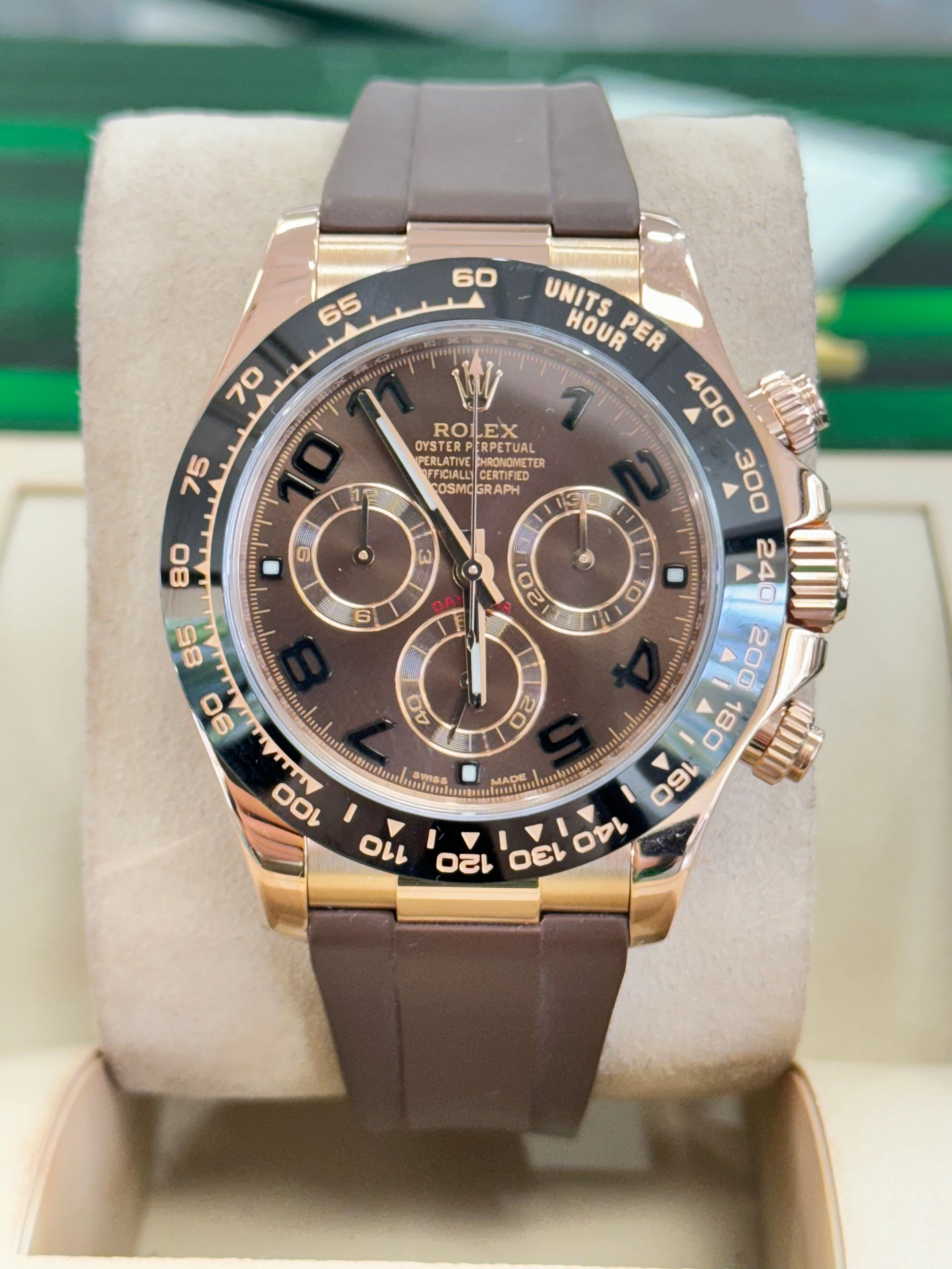 Rolex Daytona 116515 Rose Gold Chocolate Arabic Dial Custom Rubberb Band Box and Papers MINT