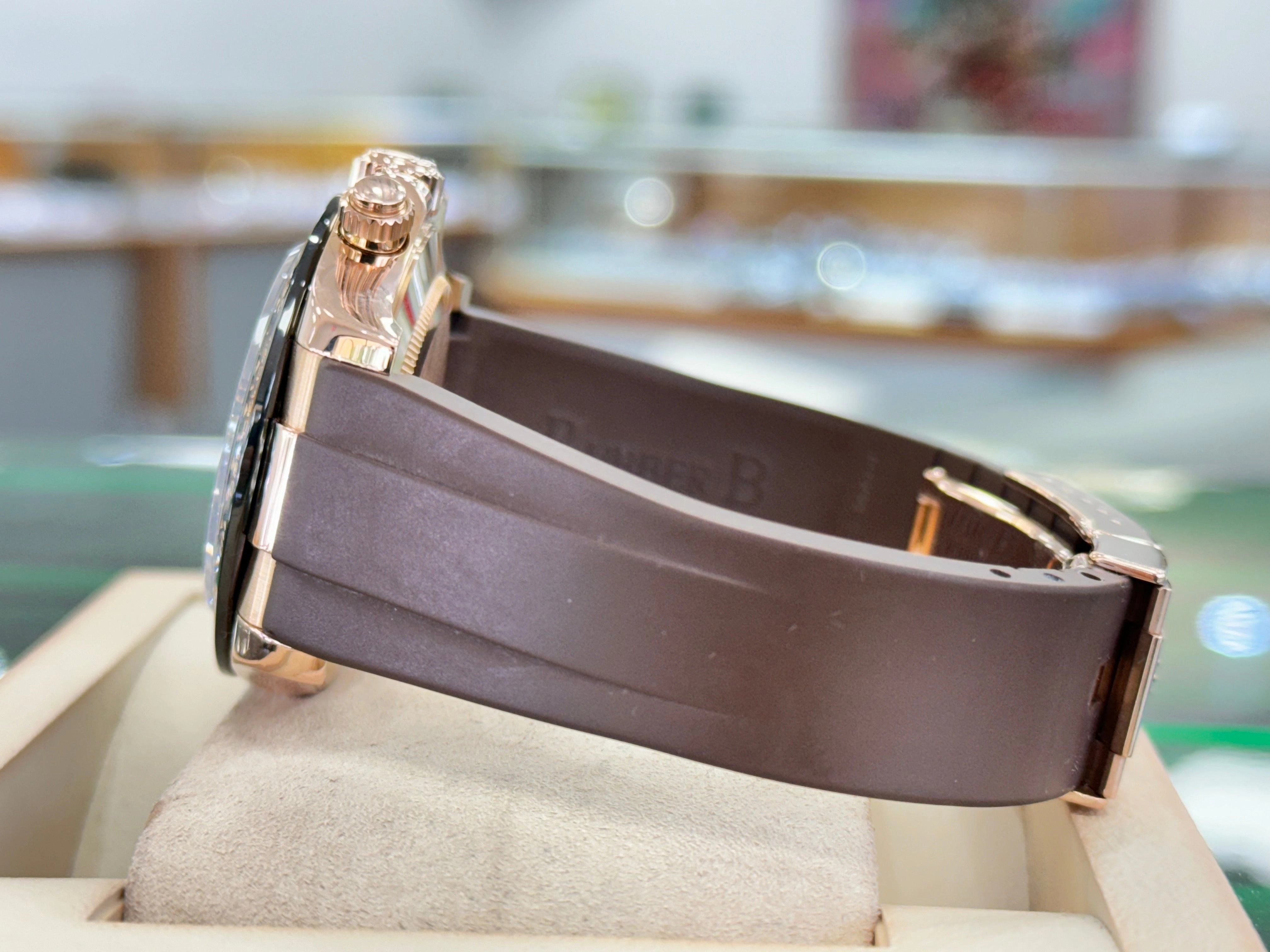 Rolex Daytona 116515 Rose Gold Chocolate Arabic Dial Custom Rubberb Band Box and Papers MINT