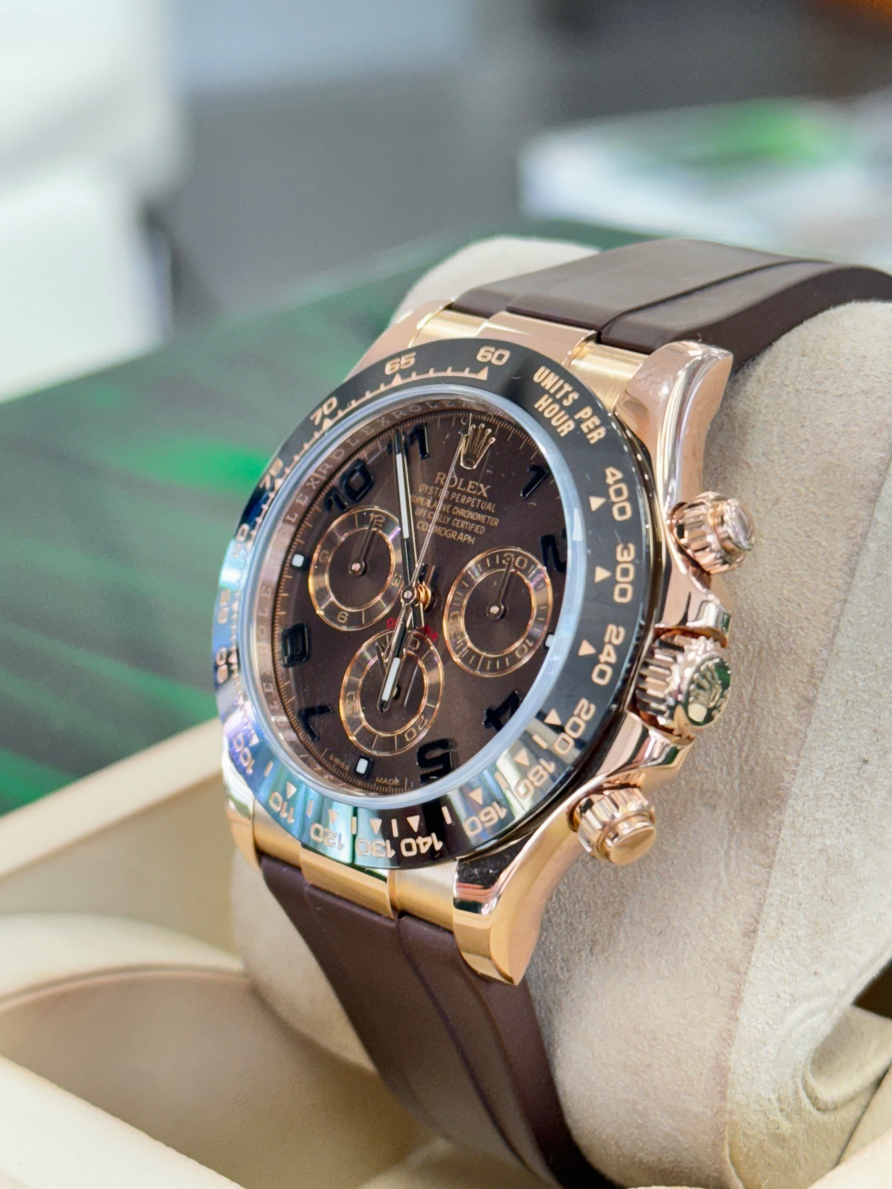 Rolex Daytona 116515 Rose Gold Chocolate Arabic Dial Custom Rubberb Band Box and Papers MINT