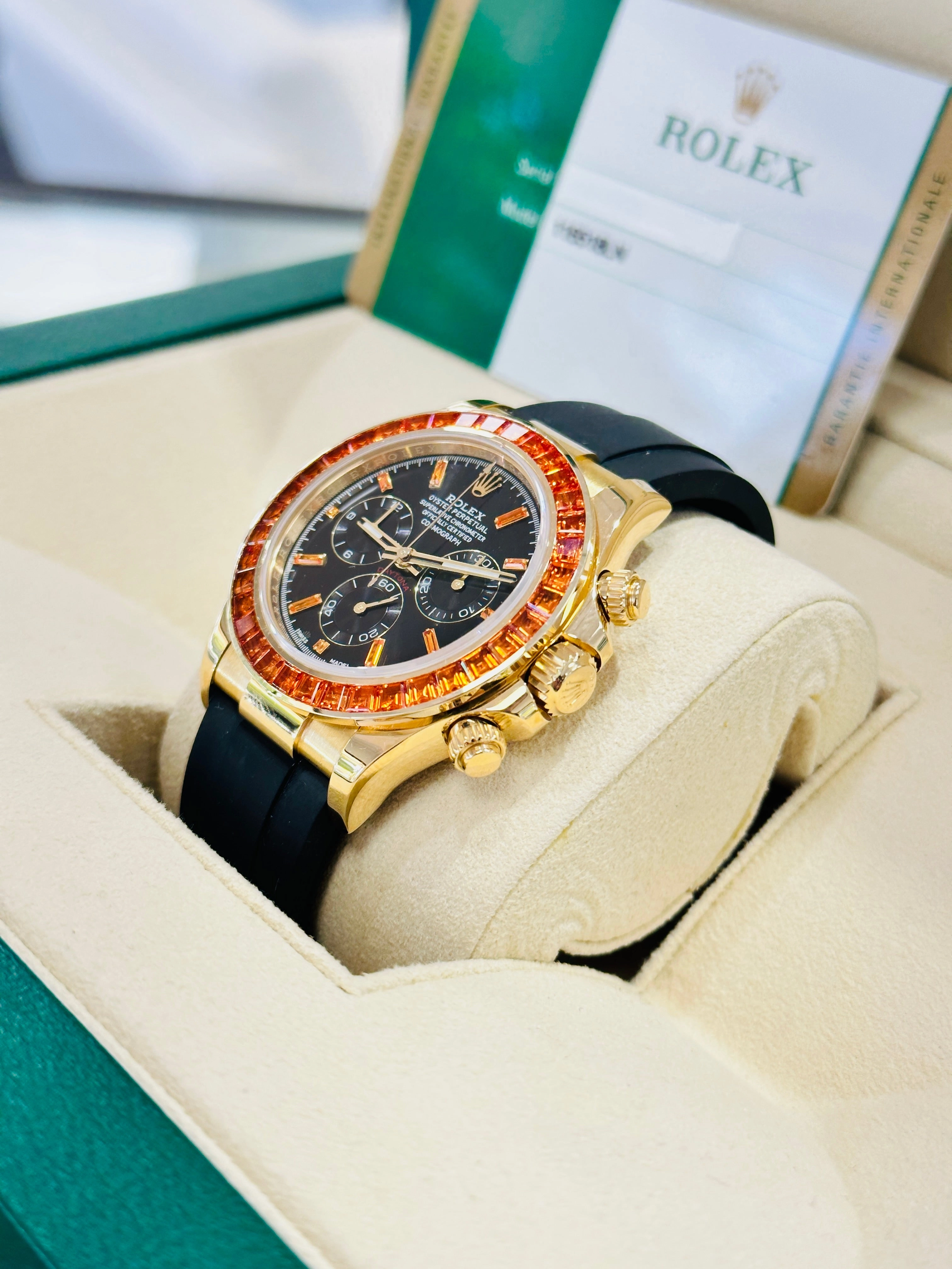 Rolex Daytona 116518LN Custom Sapphire Bezel and Custom Black and Sapphire Dial Box and Papers
