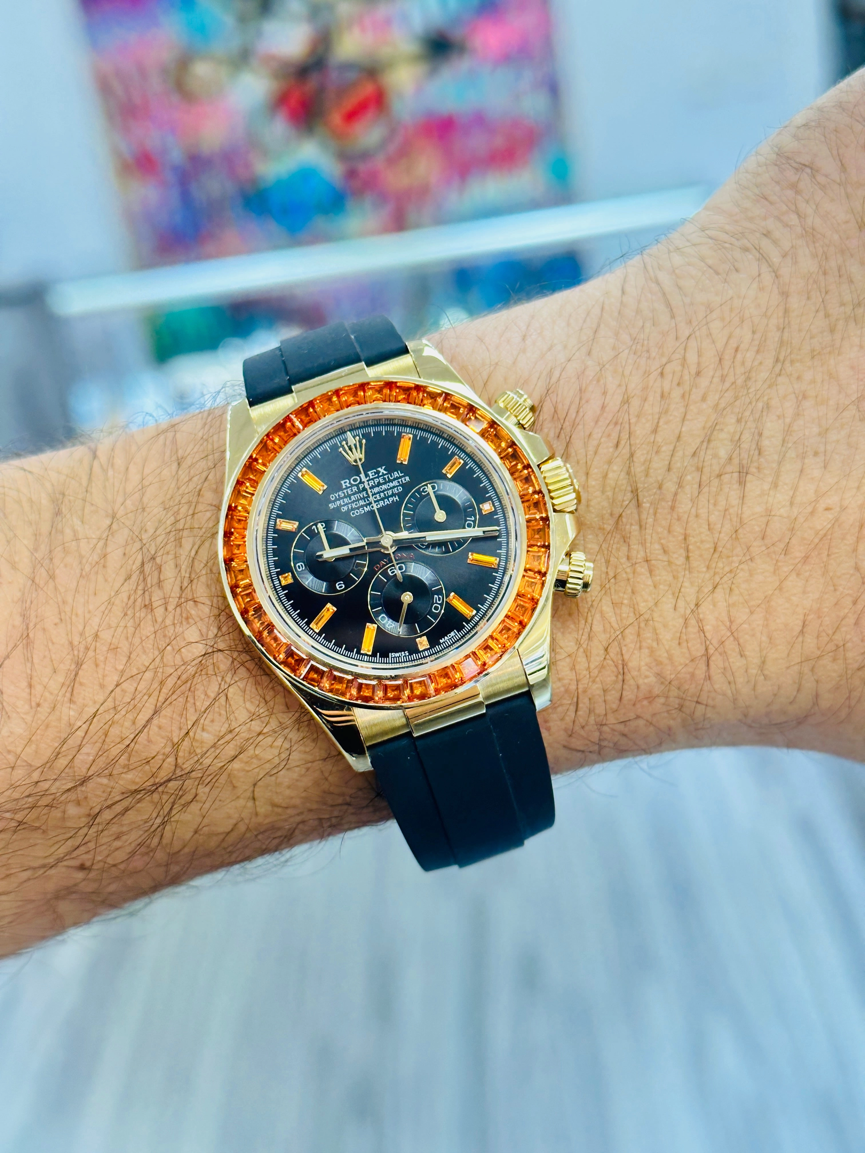 Rolex Daytona 116518LN Custom Sapphire Bezel and Custom Black and Sapphire Dial Box and Papers