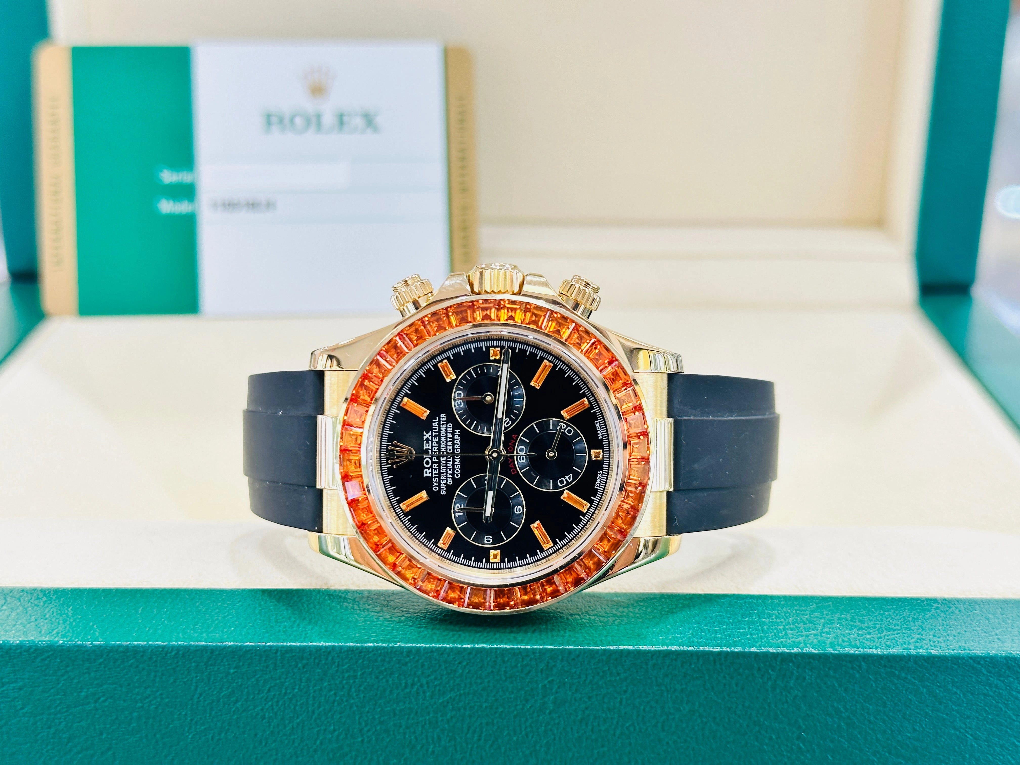 Rolex Daytona 116518LN Custom Sapphire Bezel and Custom Black and Sapphire Dial Box and Papers