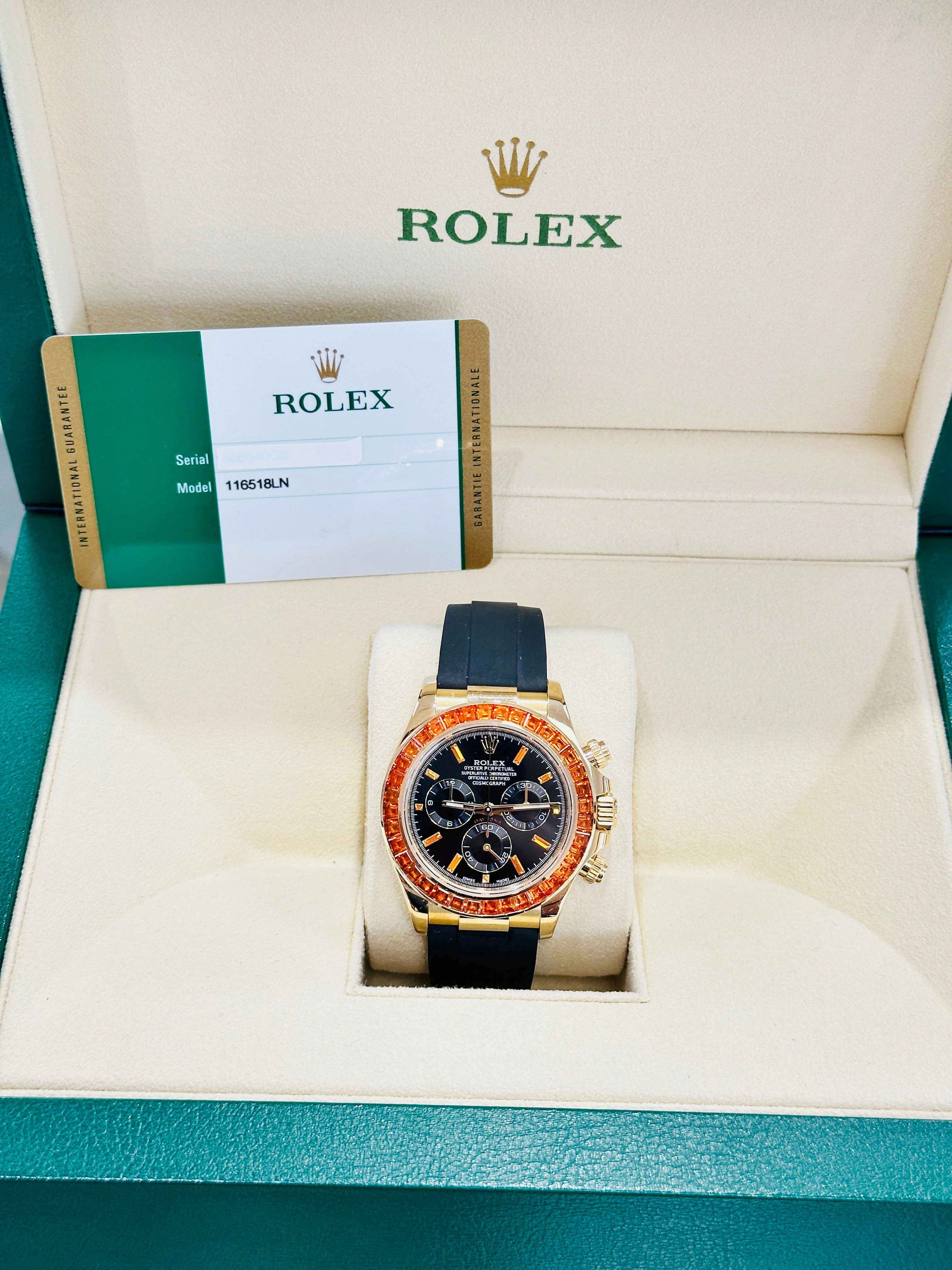 Rolex Daytona 116518LN Custom Sapphire Bezel and Custom Black and Sapphire Dial Box and Papers
