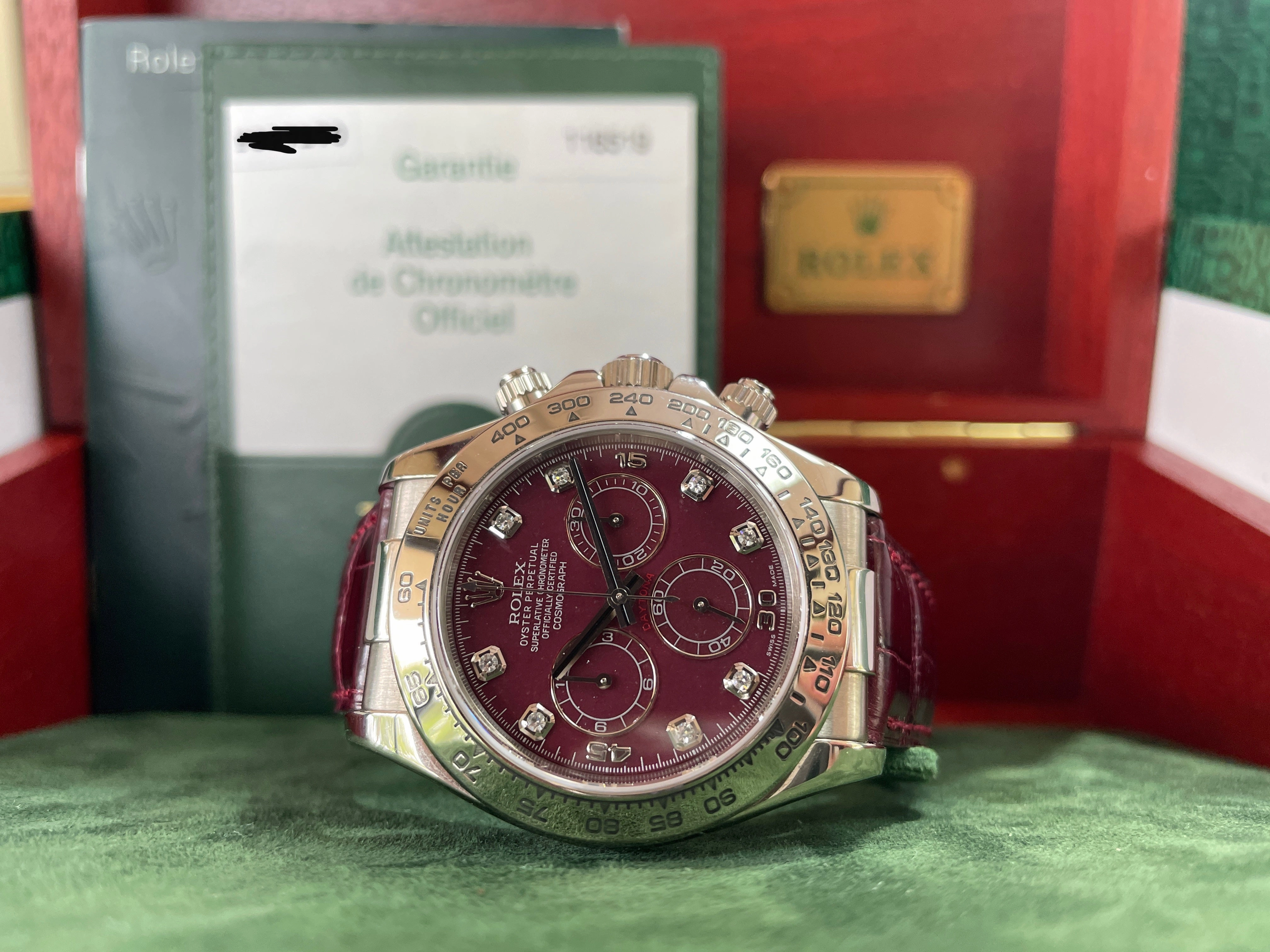 Rolex Daytona 116519 White Gold Factory Diamond Rubellite Grossular Dial Box and Papers PreOwned
