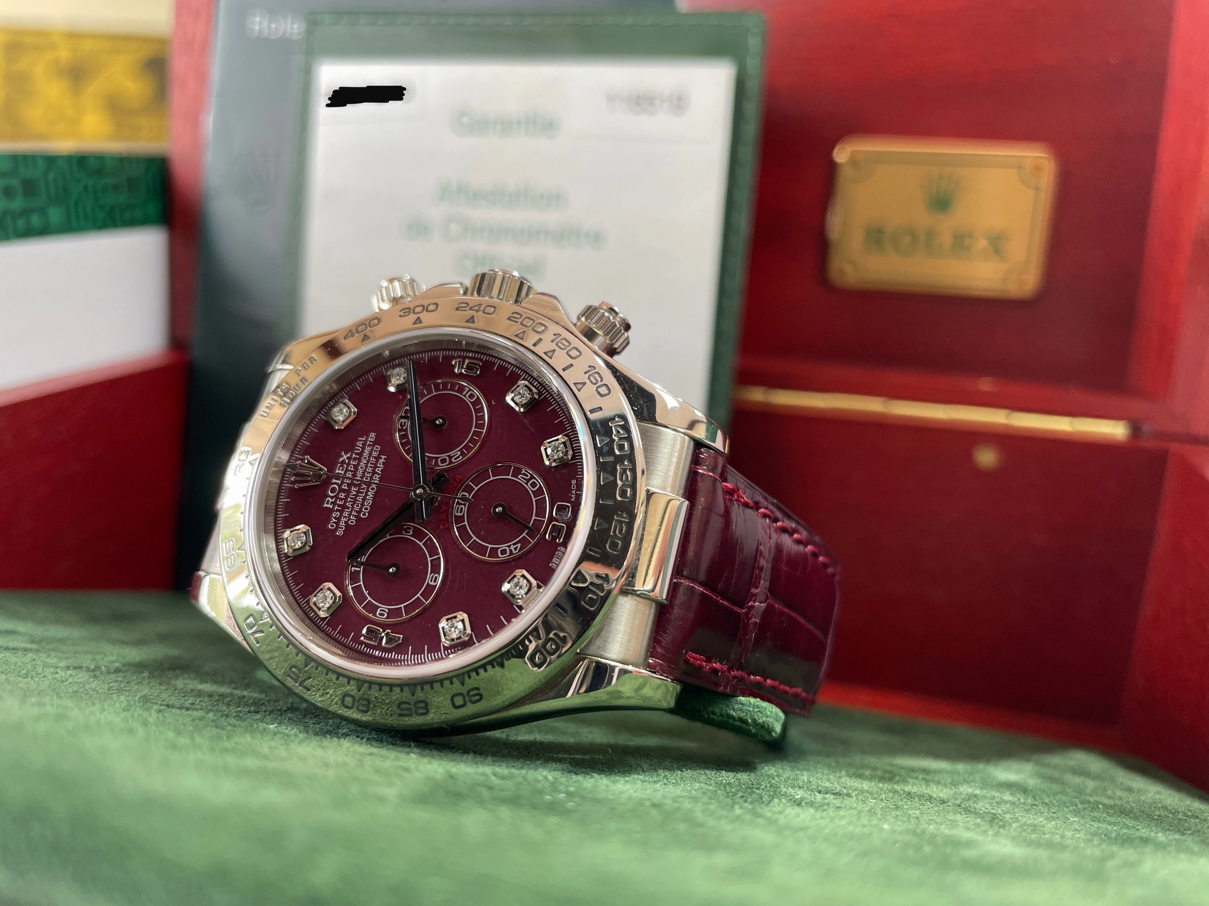 Rolex Daytona 116519 White Gold Factory Diamond Rubellite Grossular Dial Box and Papers PreOwned