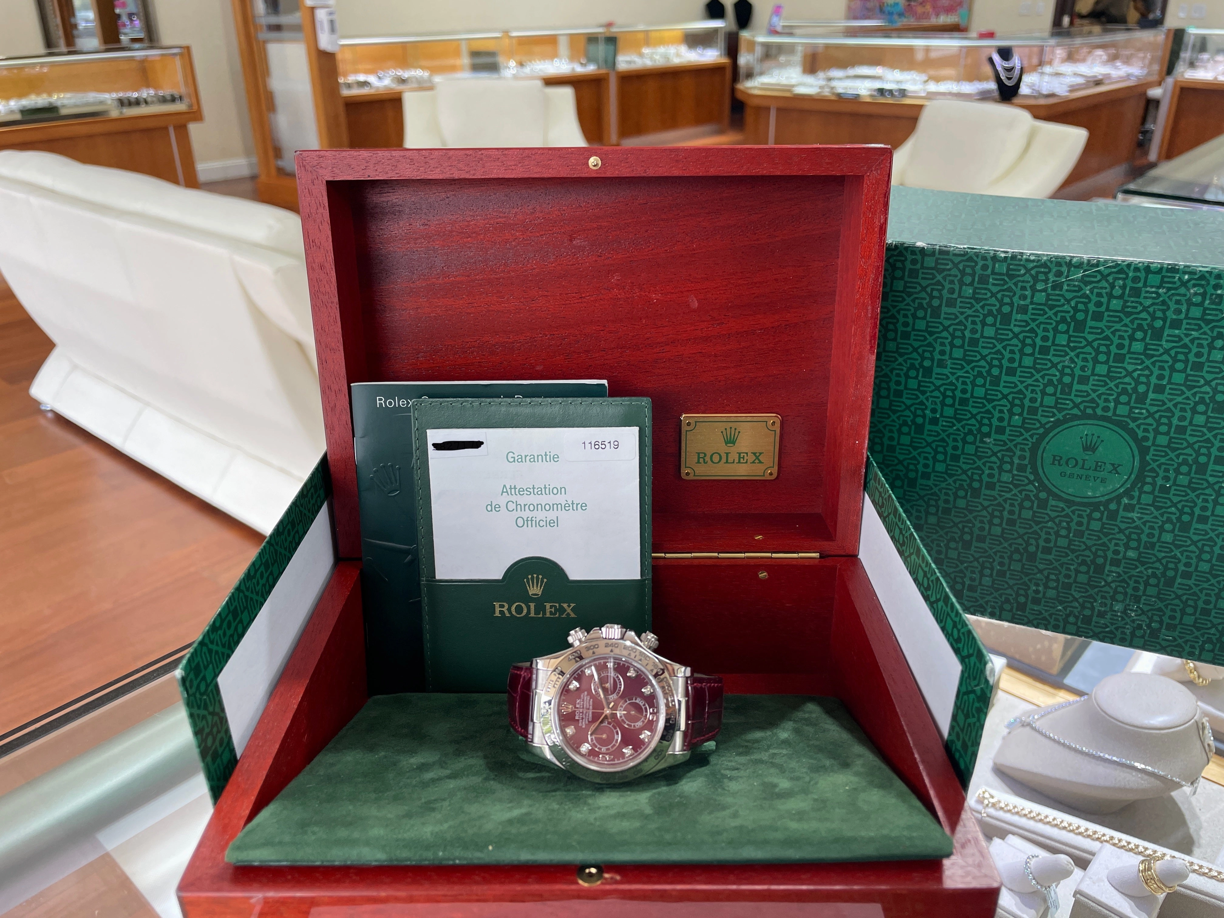 Rolex Daytona 116519 White Gold Factory Diamond Rubellite Grossular Dial Box and Papers PreOwned
